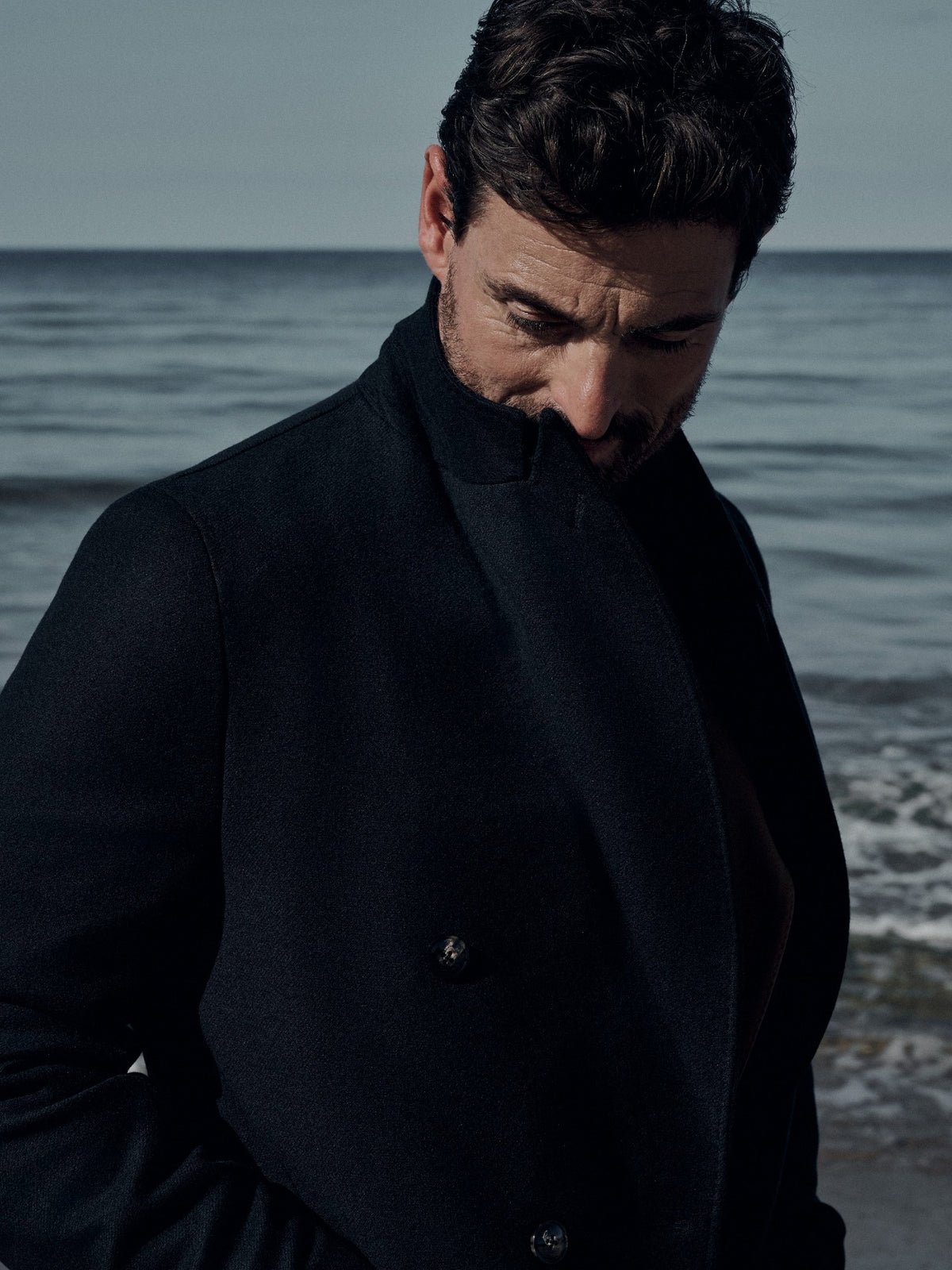 Blue Wool Blend Diagonal Double Breasted Coat