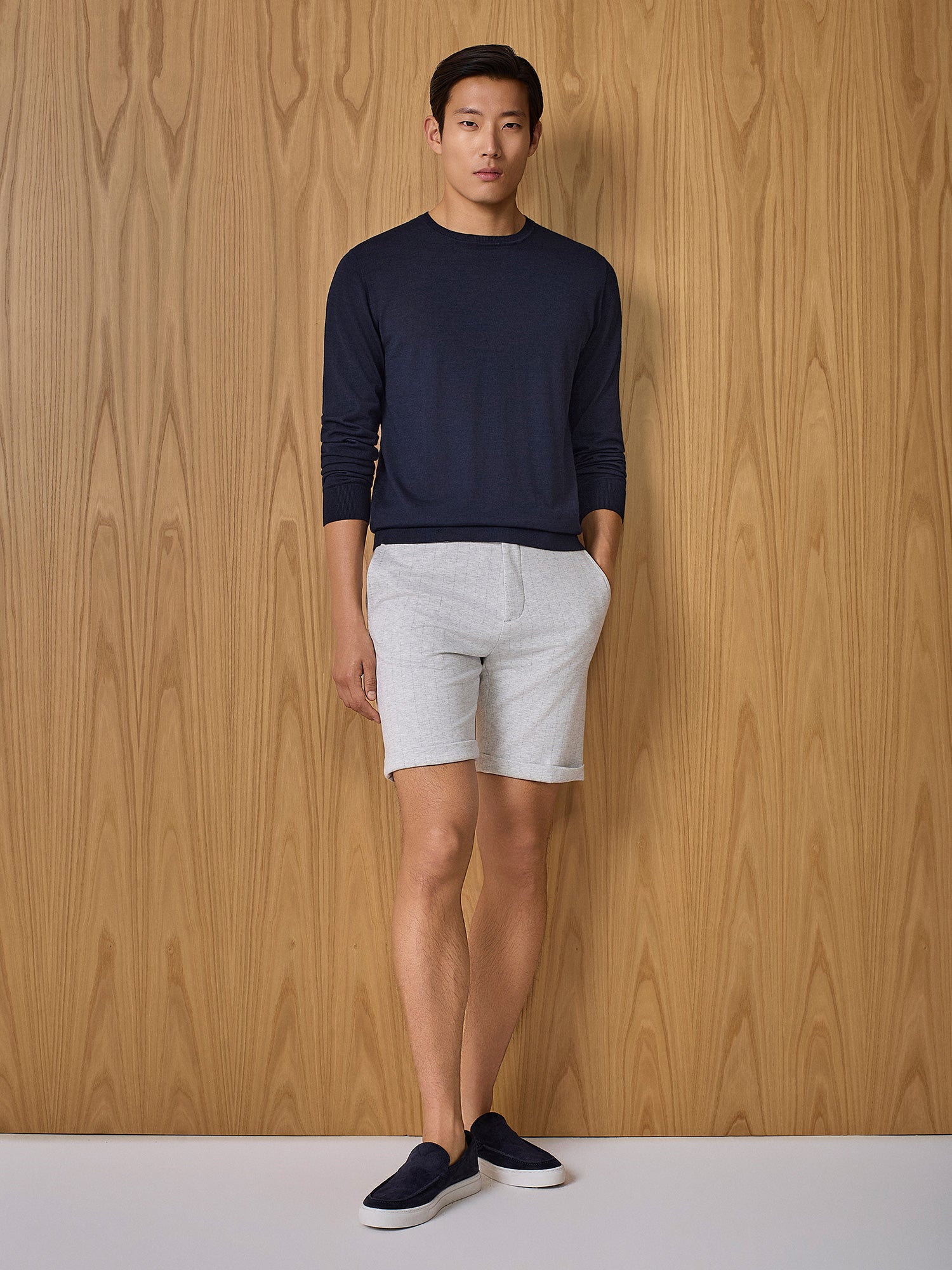 Light grey pinstriped jersey shorts