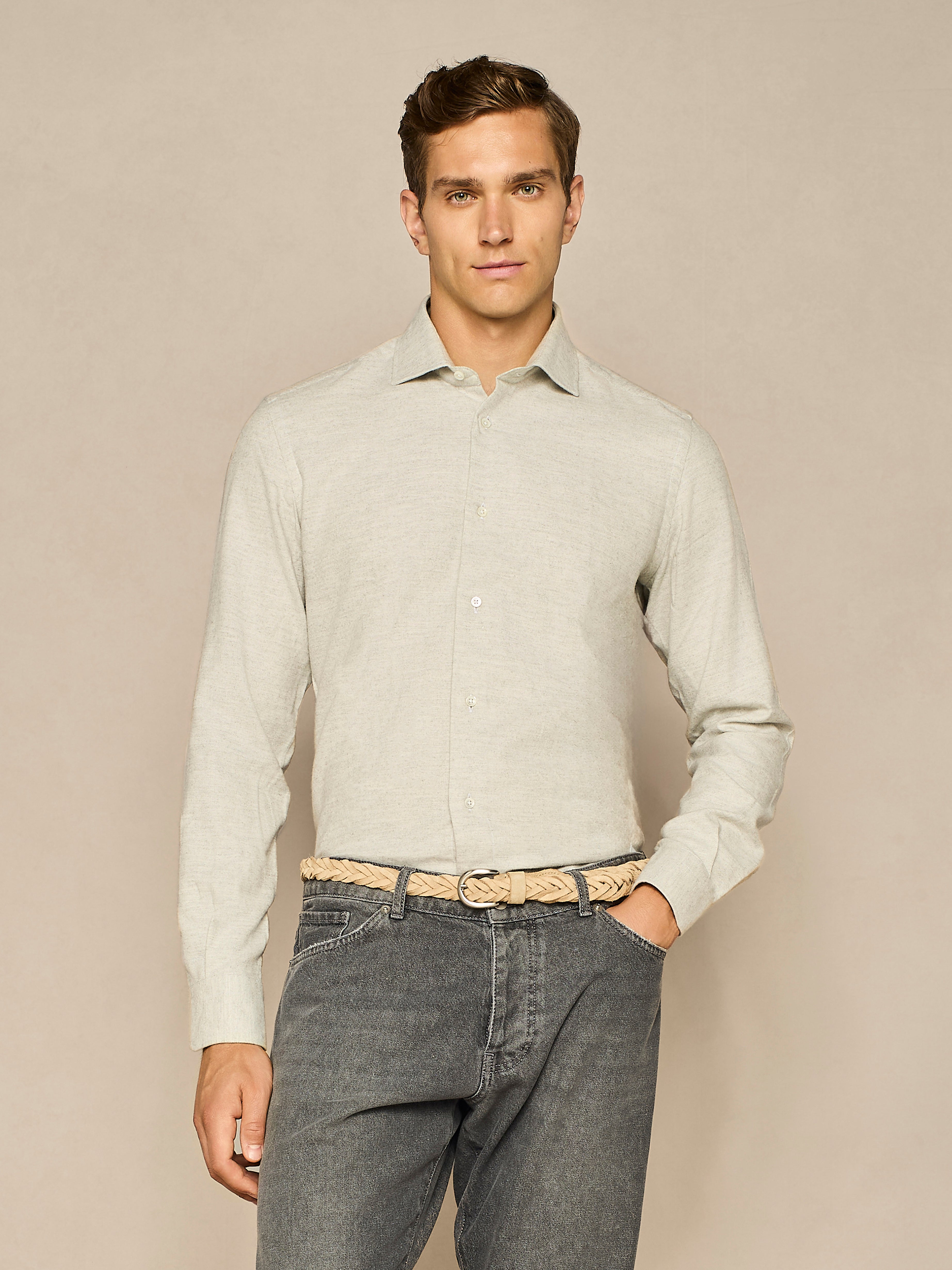 LIGHT GREY HERRINGBONE FLANNEL SHIRT