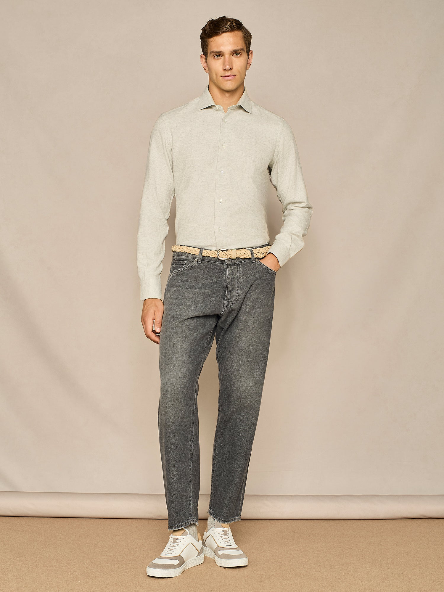 LIGHT GREY HERRINGBONE FLANNEL SHIRT