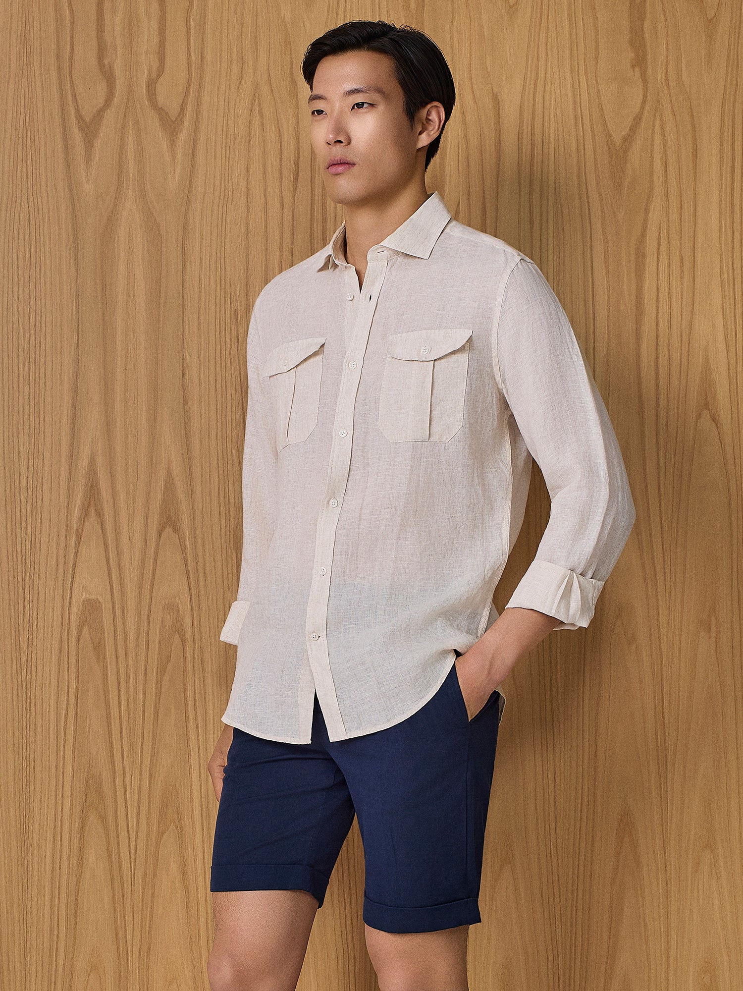 Camicia lino con tasche beige