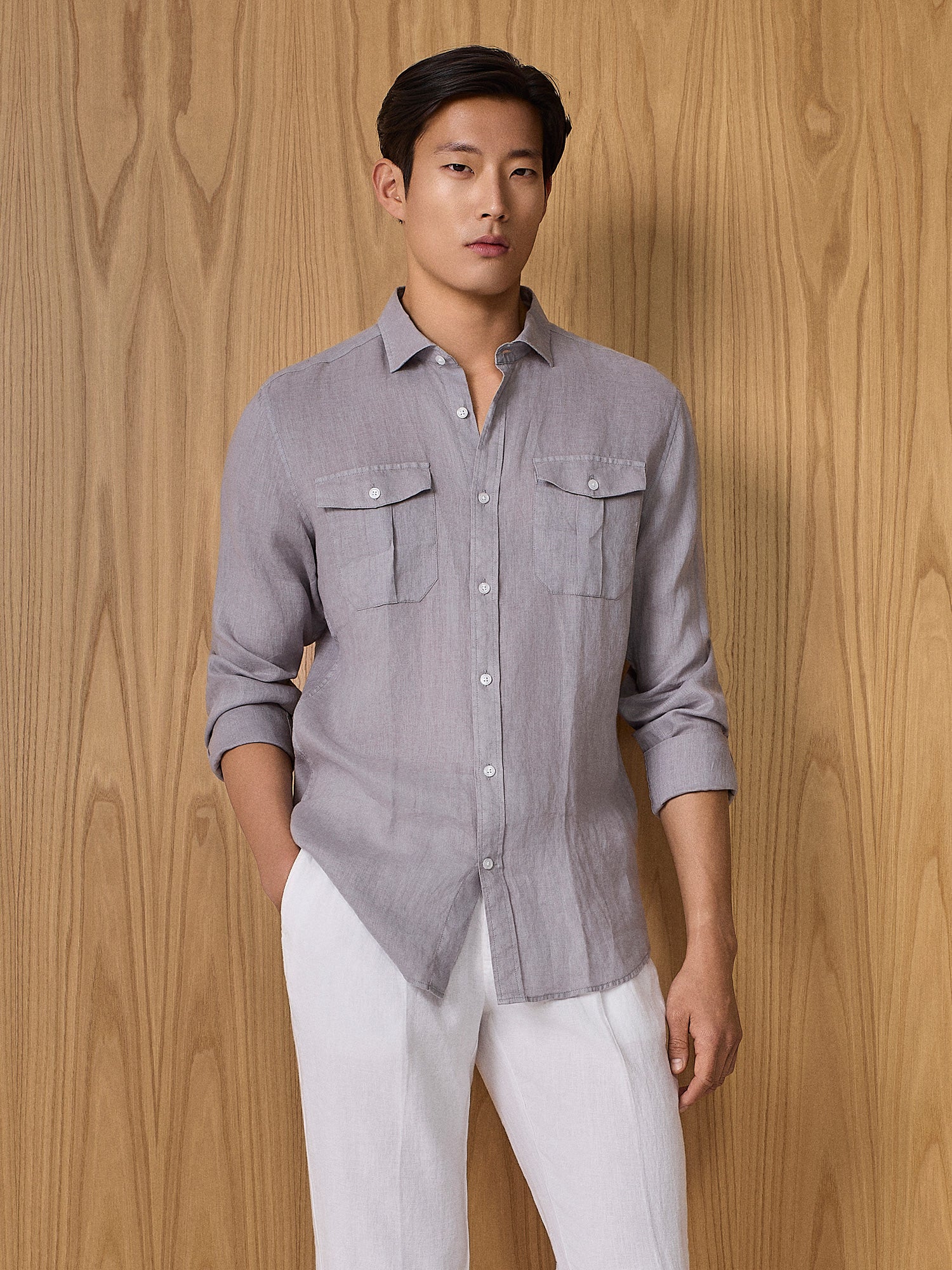 Camicia lino con tasche grigio