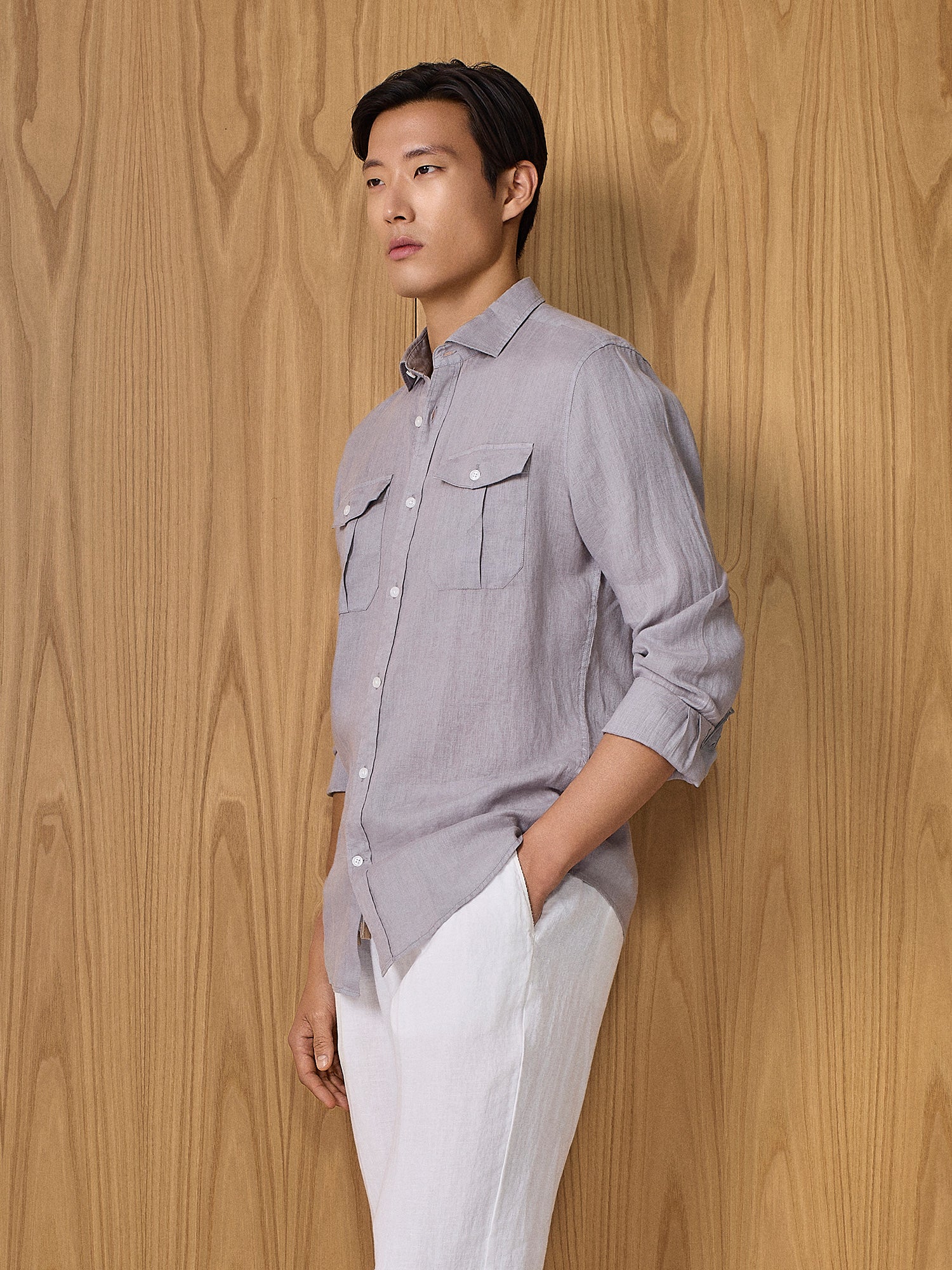Camicia lino con tasche grigio