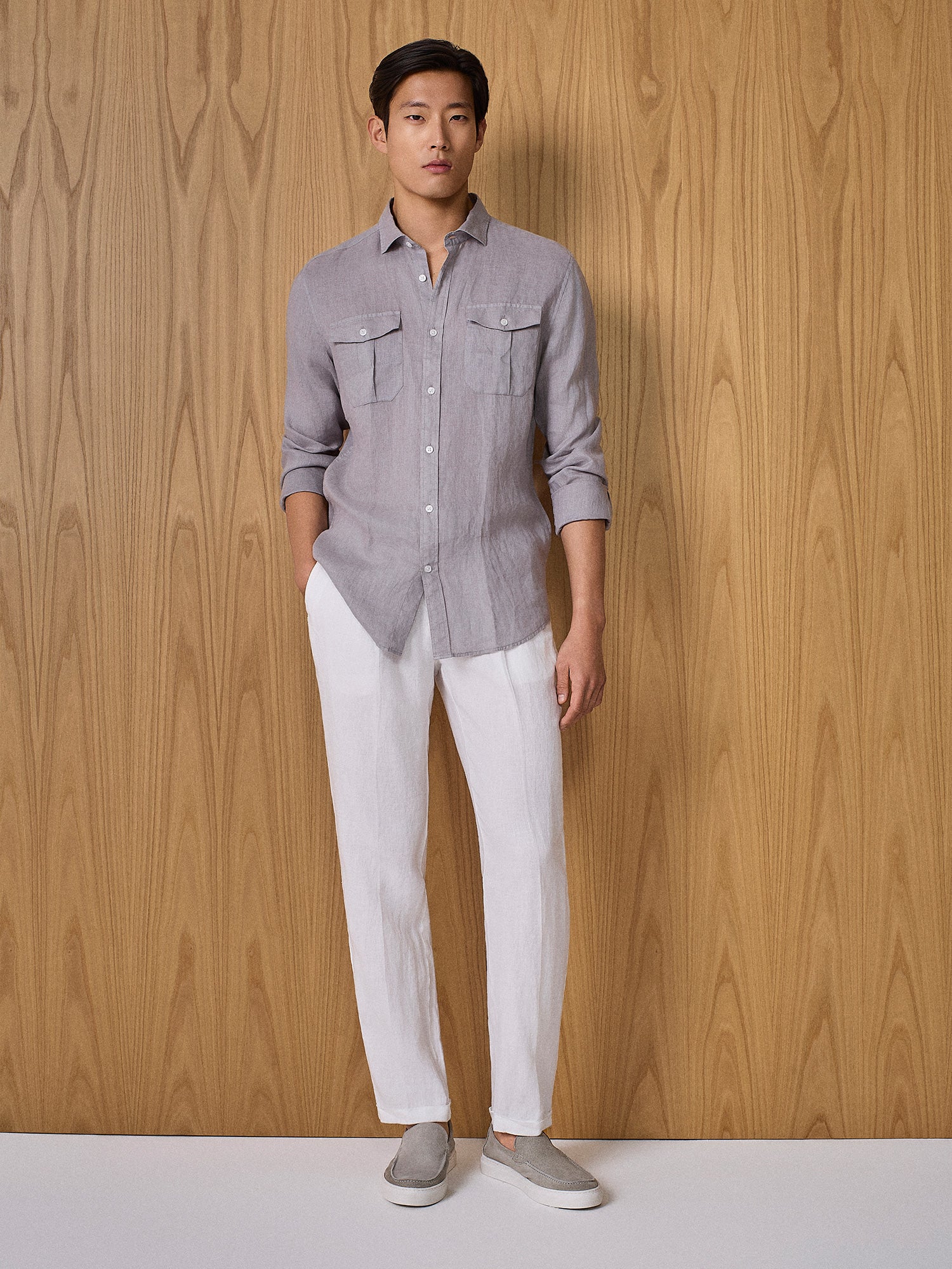Camicia lino con tasche grigio