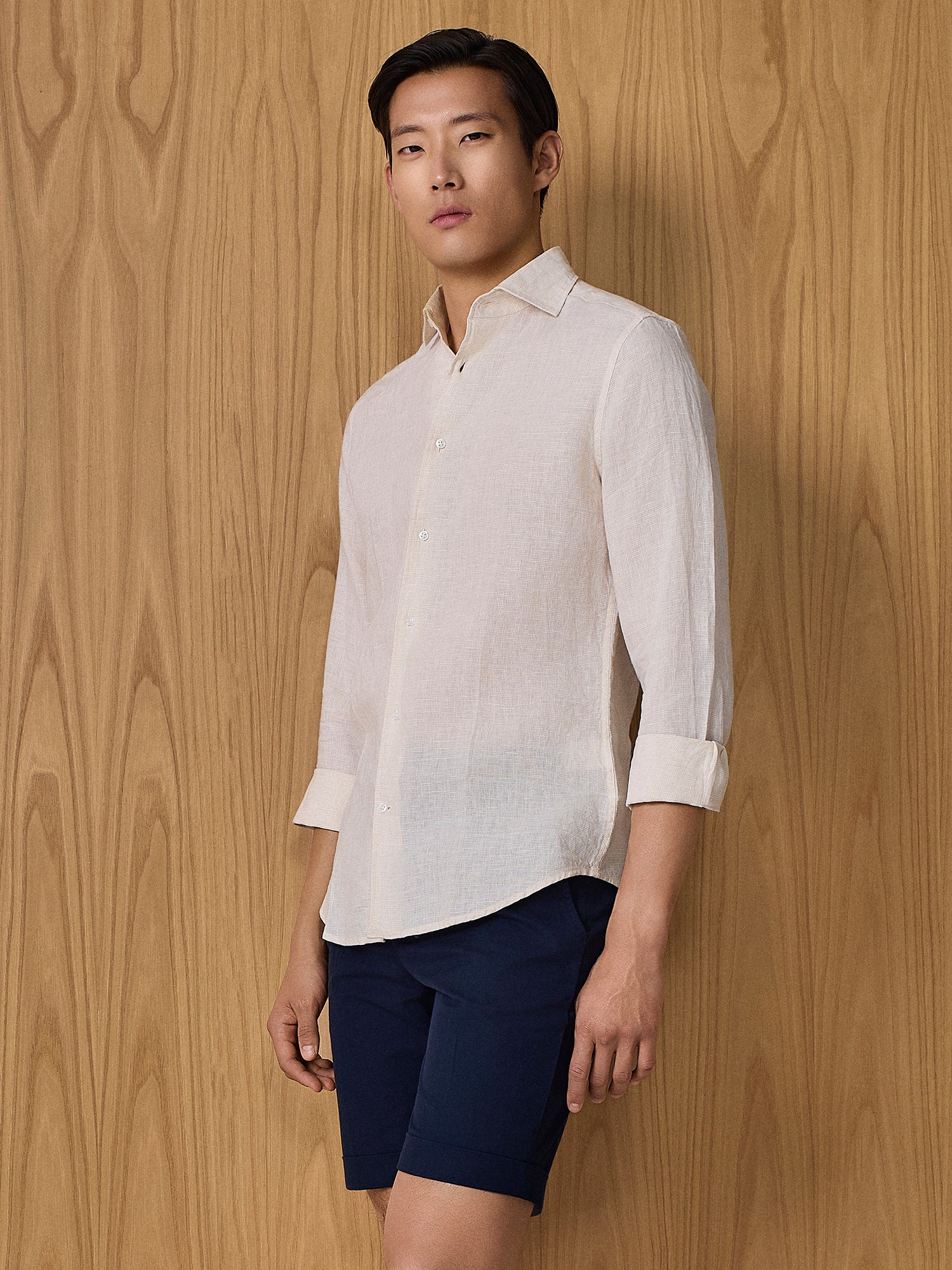 Camicia in lino pied de poule apricot