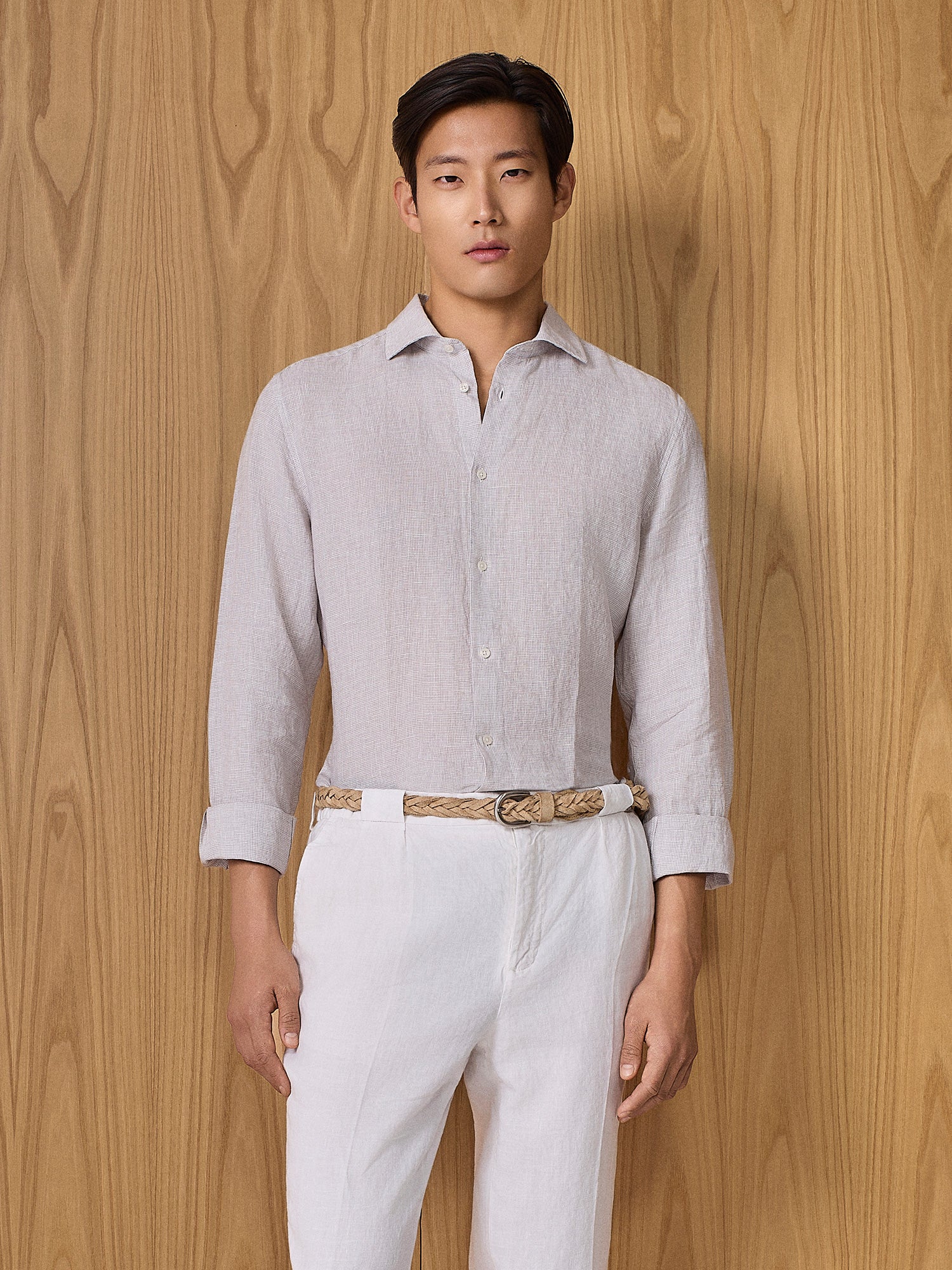 Camicia in lino pied de poule grigio chiaro