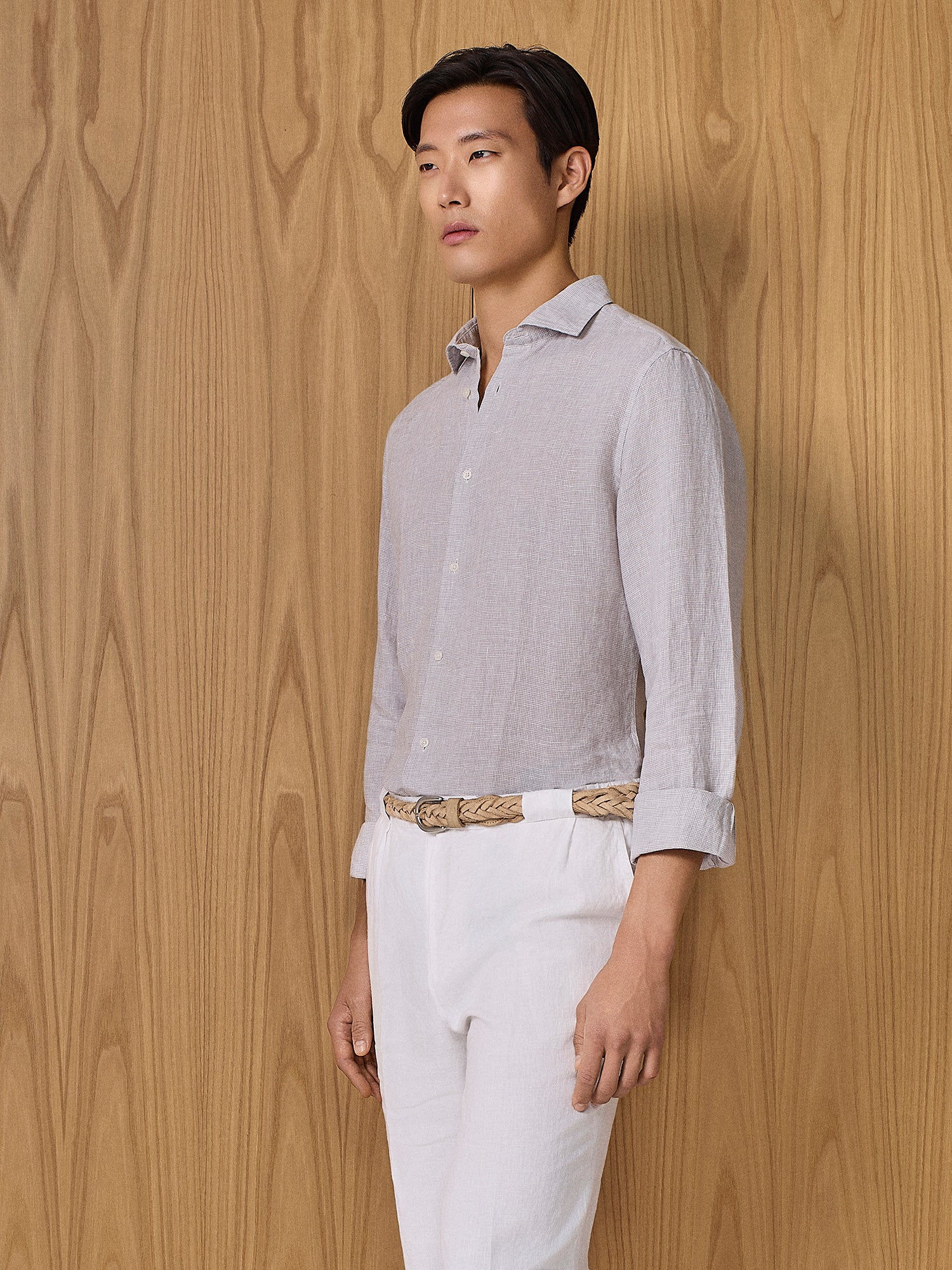 Camicia in lino pied de poule grigio chiaro