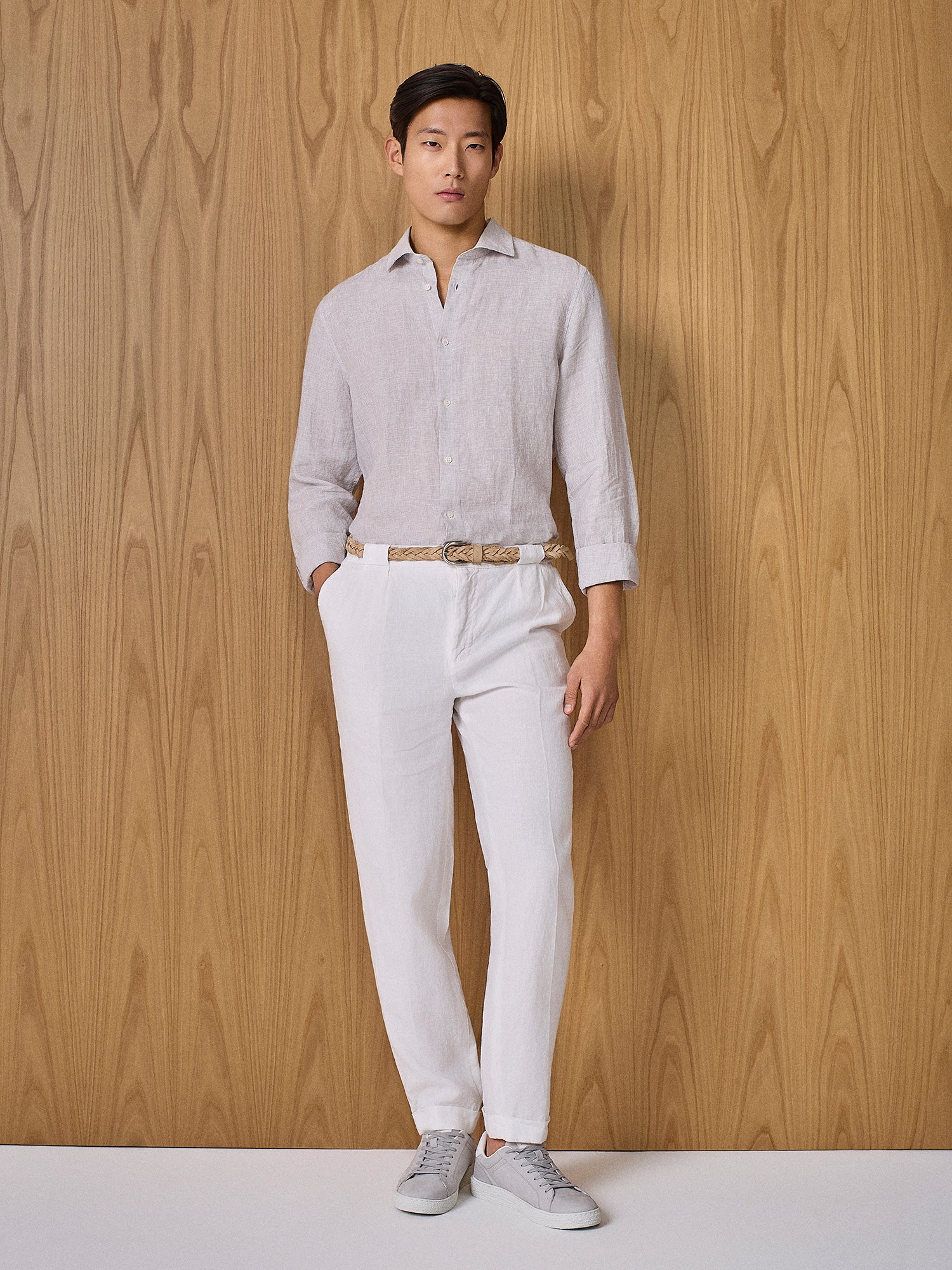 Camicia in lino pied de poule grigio chiaro