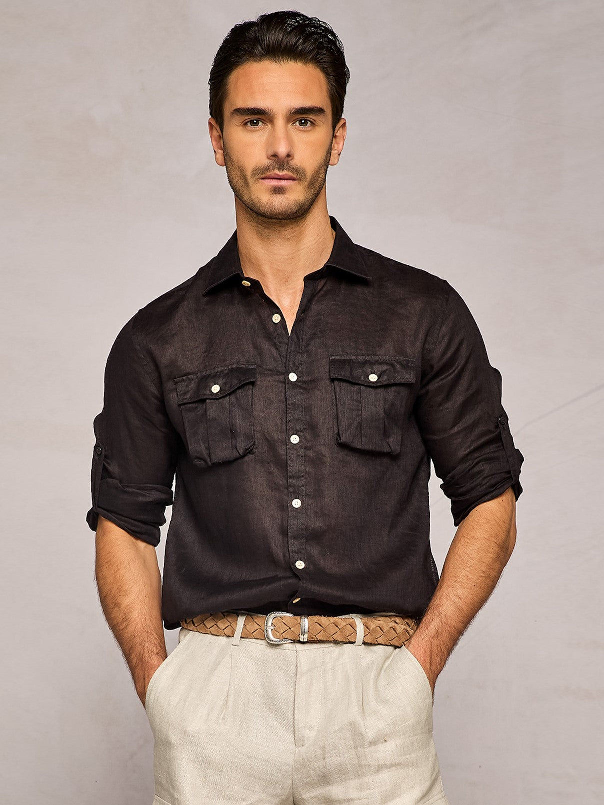 CAMICIA IN LINO SAFARI NERA