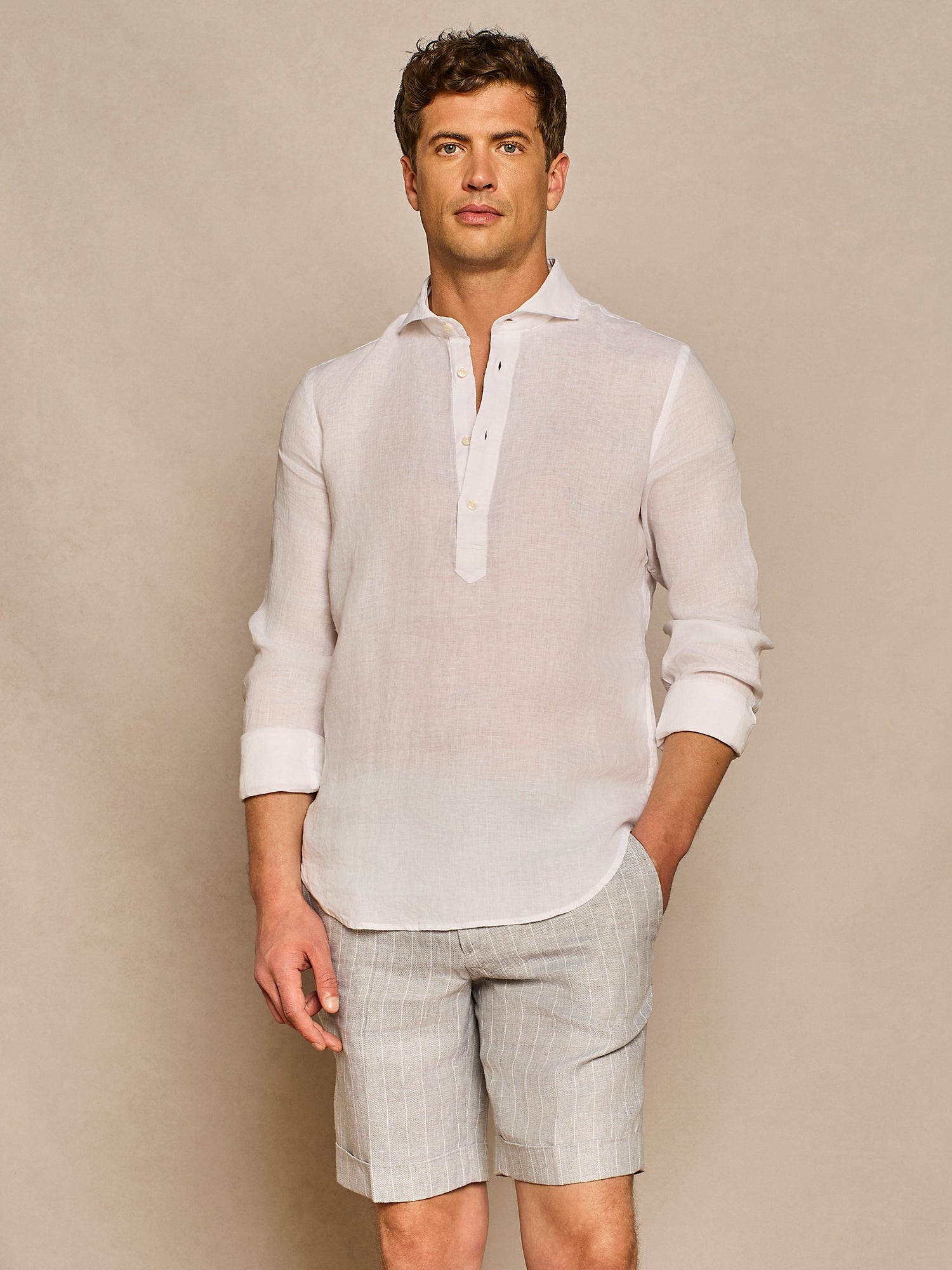 WHITE HALF PLACKET LINEN SHIRT