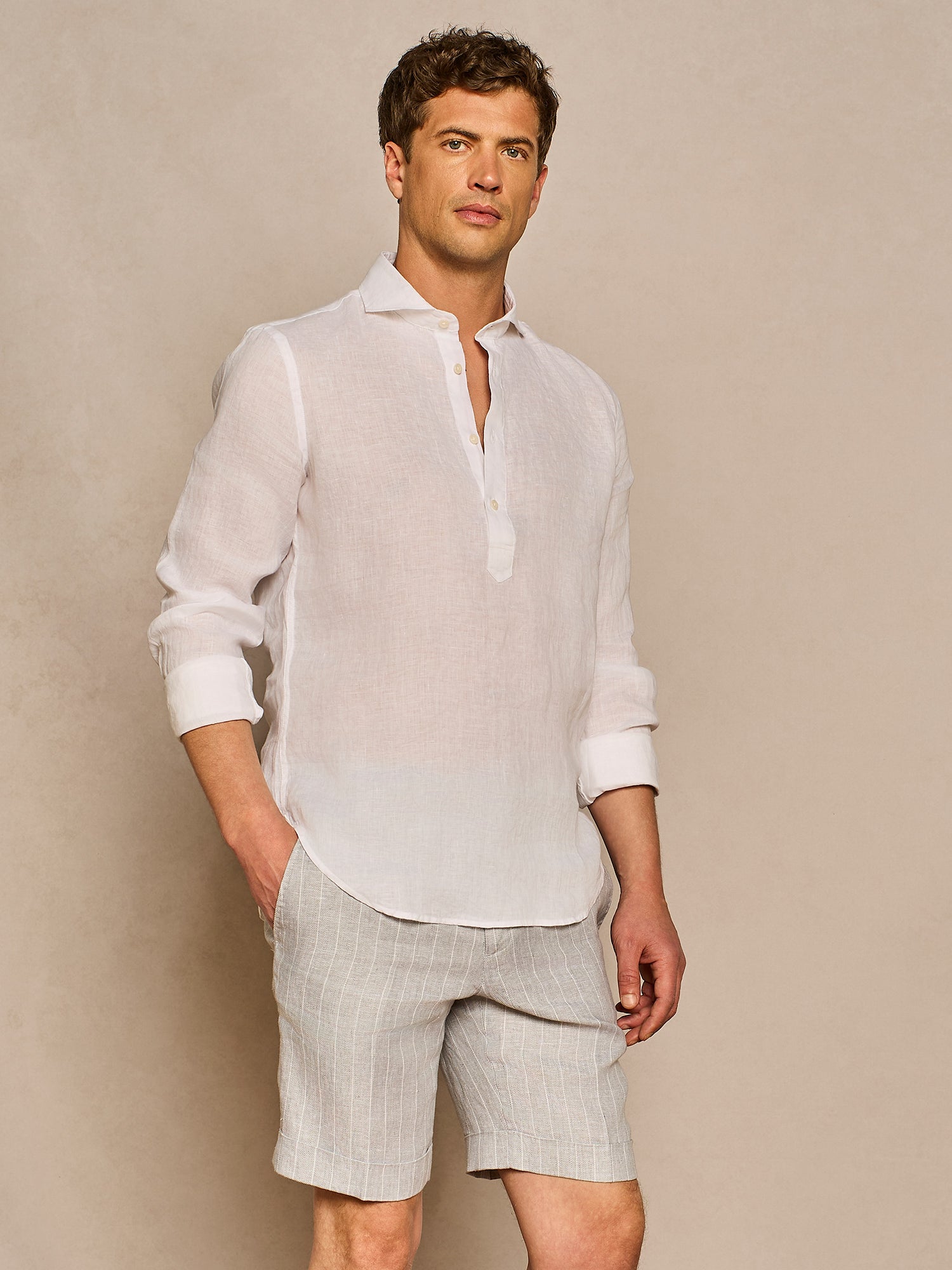 WHITE HALF PLACKET LINEN SHIRT