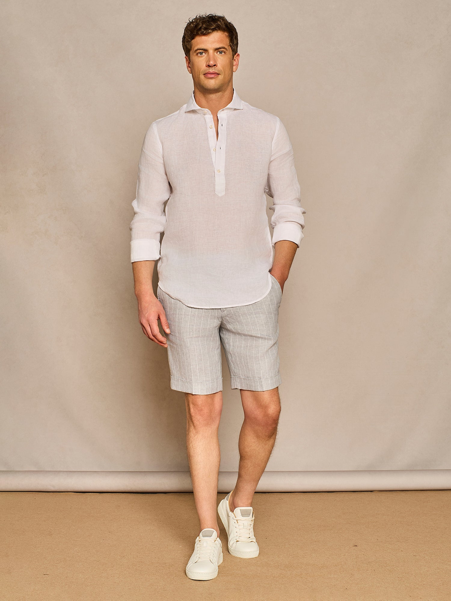 WHITE HALF PLACKET LINEN SHIRT