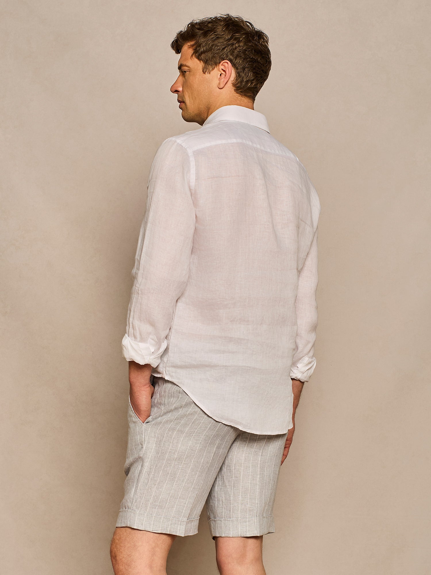 WHITE HALF PLACKET LINEN SHIRT