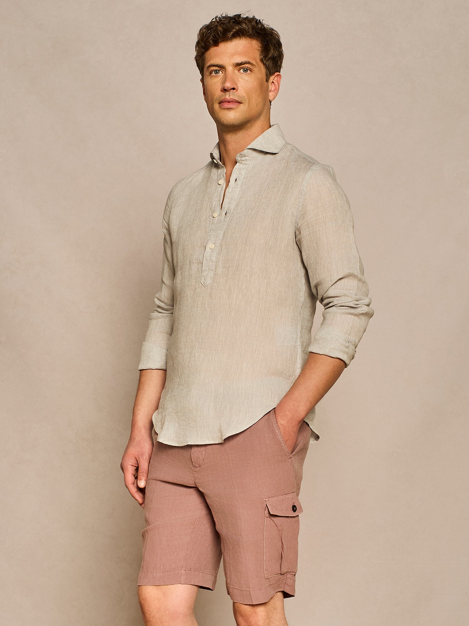 LIGHT GREY MELANGE HALF PLACKET LINEN SHIRT