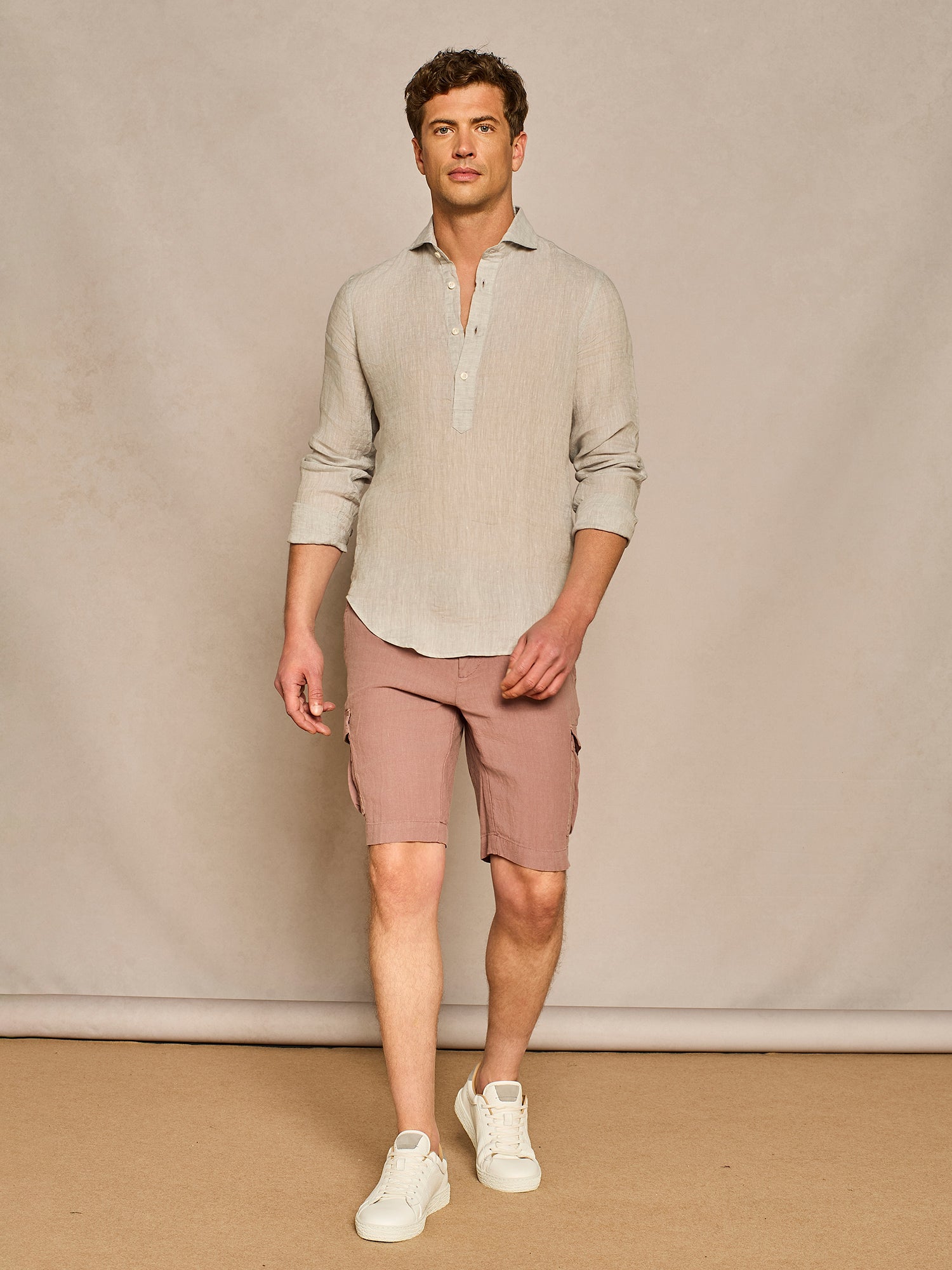 LIGHT GREY MELANGE HALF PLACKET LINEN SHIRT
