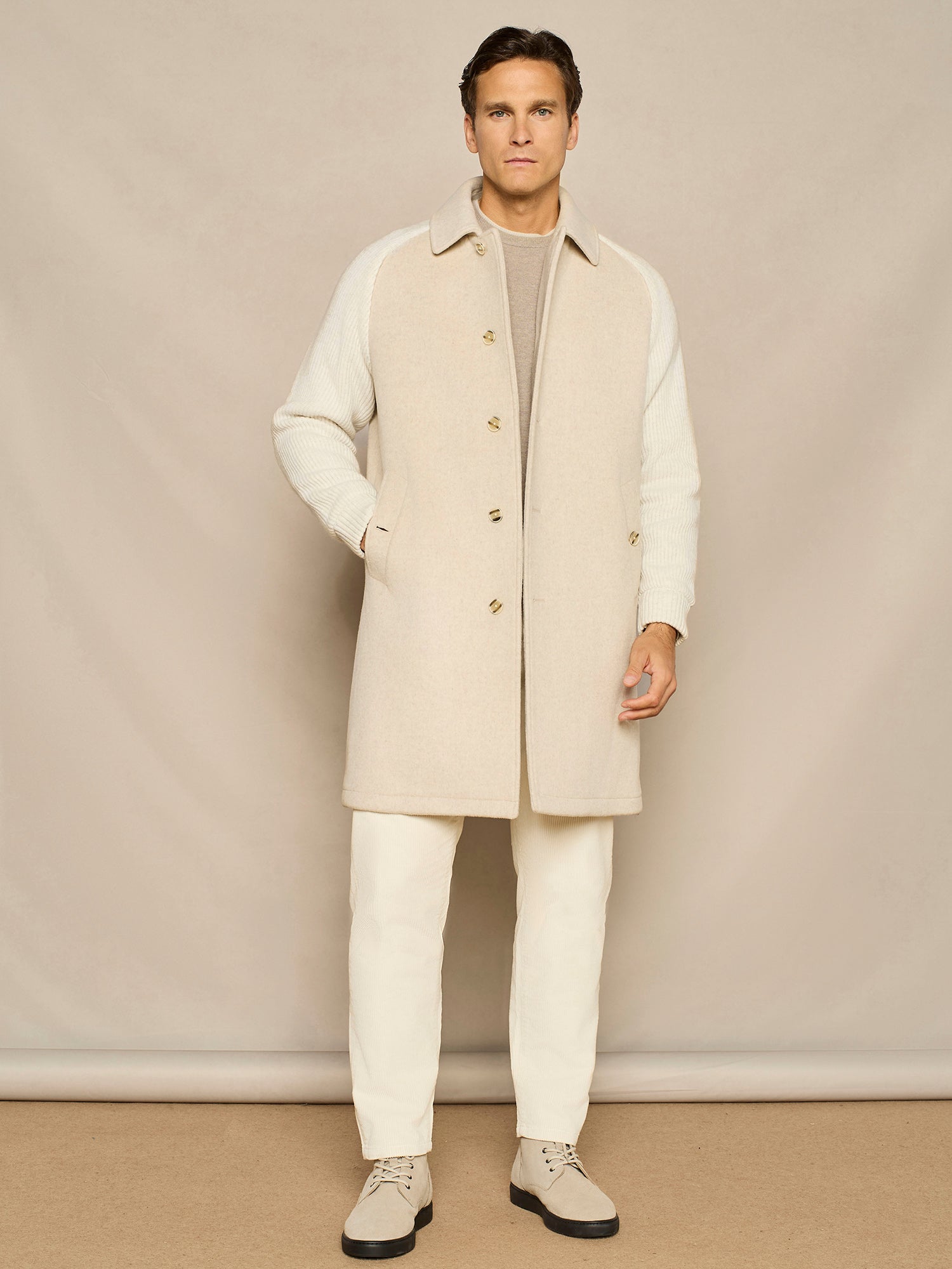 BEIGE OVER COAT WITH KNITTED SLEEVES