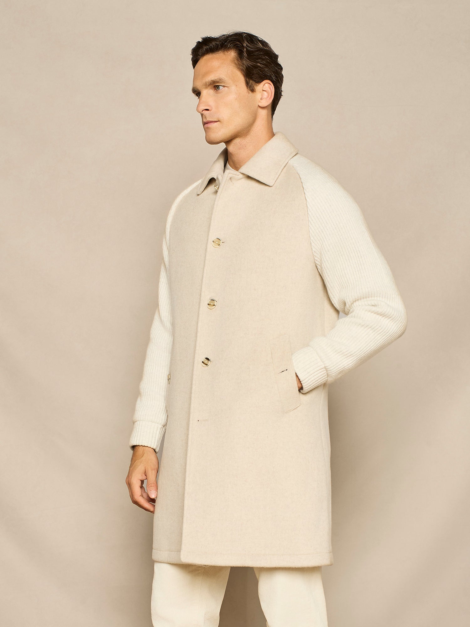 BEIGE OVER COAT WITH KNITTED SLEEVES
