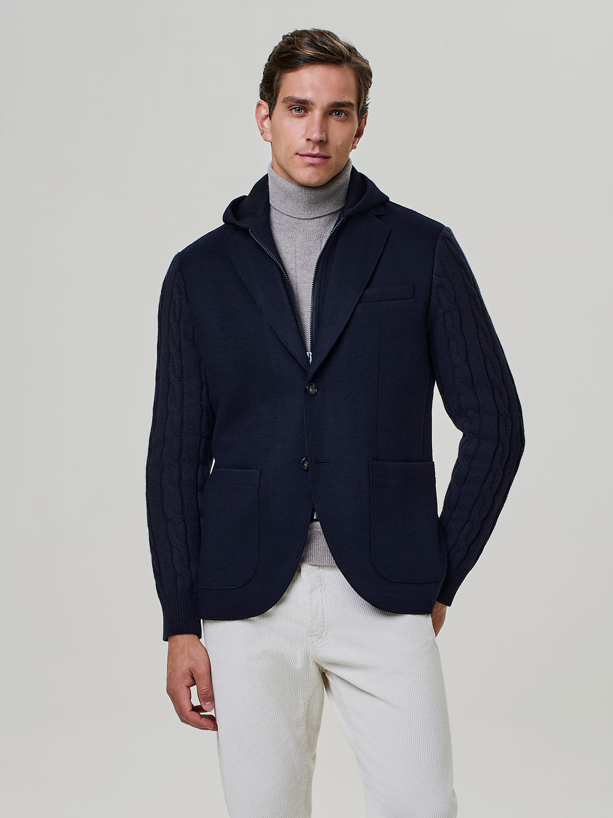 Jersey and Wool Jacket with Detachable Bib and Knit Sleeves Blue