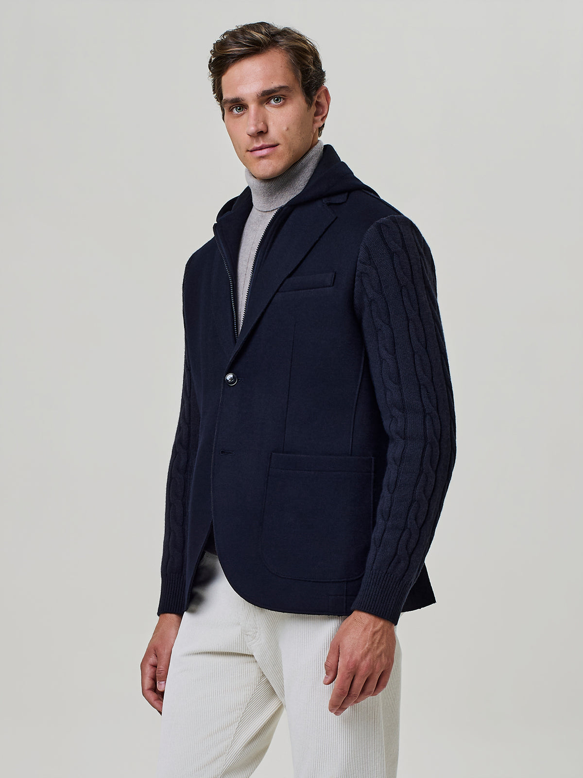 Jersey and Wool Jacket with Detachable Bib and Knit Sleeves Blue