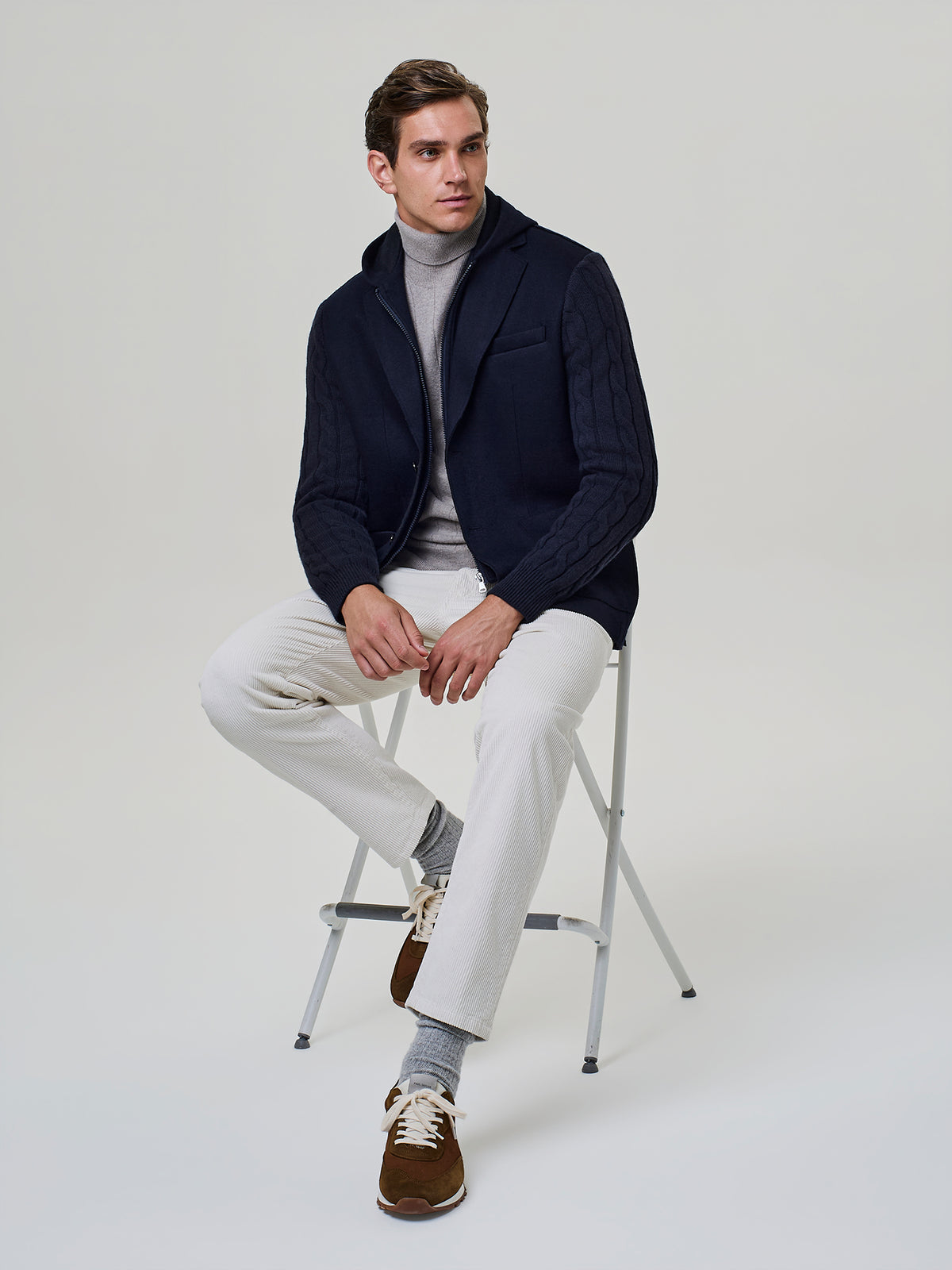Jersey and Wool Jacket with Detachable Bib and Knit Sleeves Blue