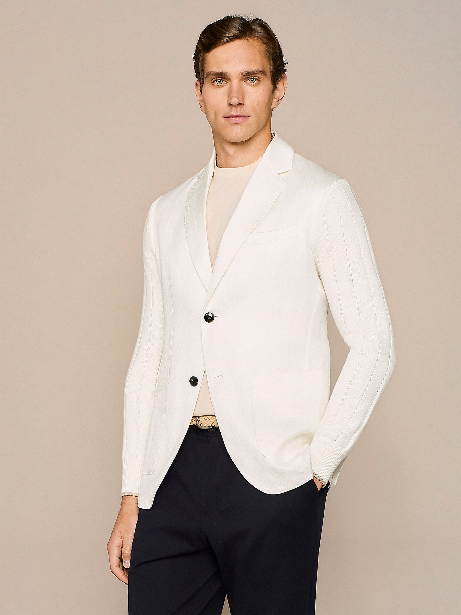 OFF WHITE LINEN BLEND JACKET WITH KNITTED SLEEVES