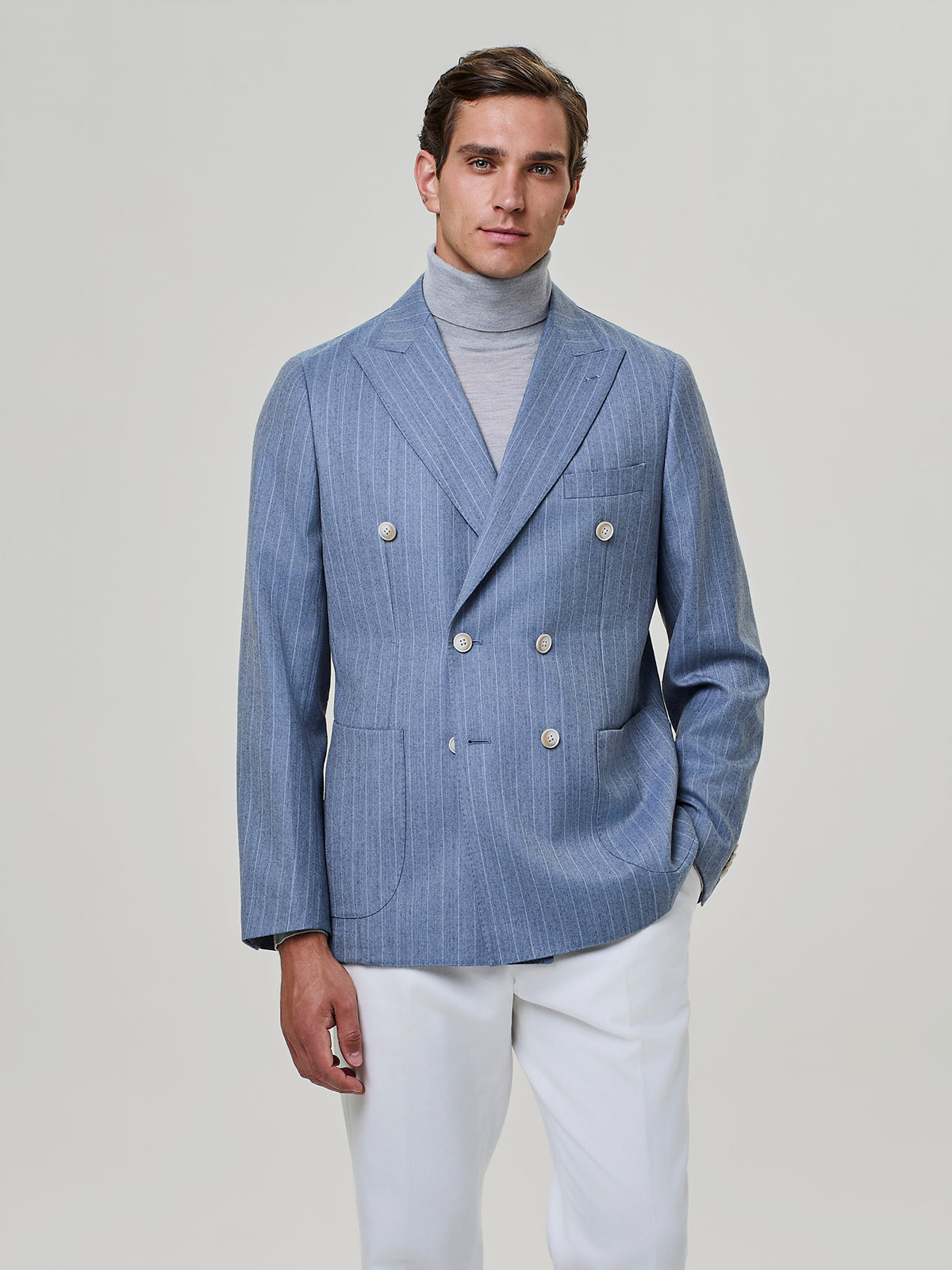 Dusty blue wool blend pinstriped blazer