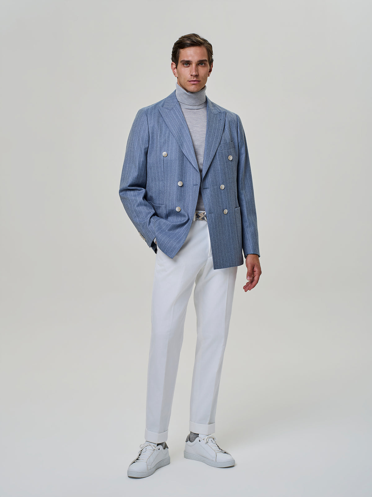 Dusty blue wool blend pinstriped blazer