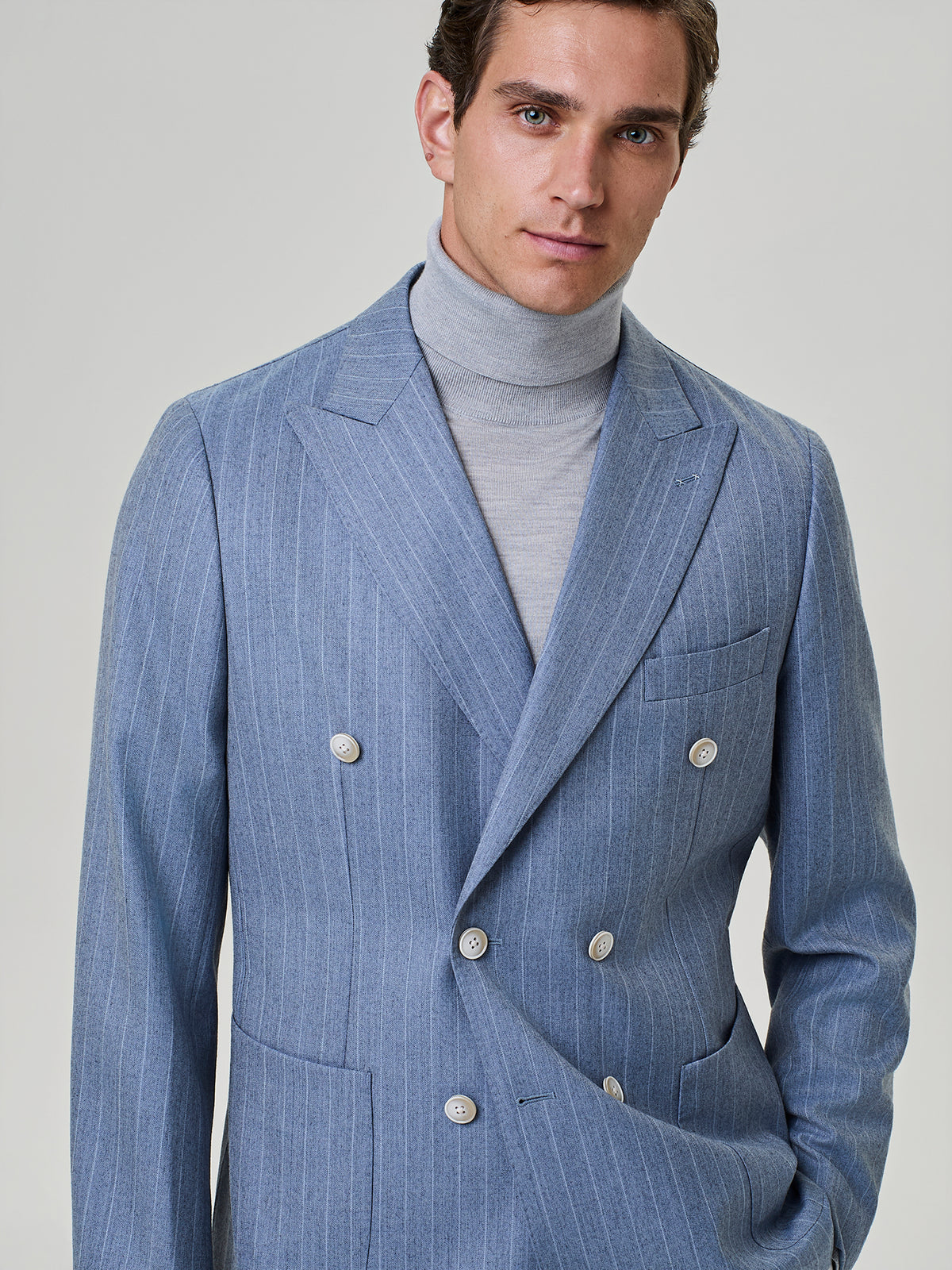 Dusty blue wool blend pinstriped blazer