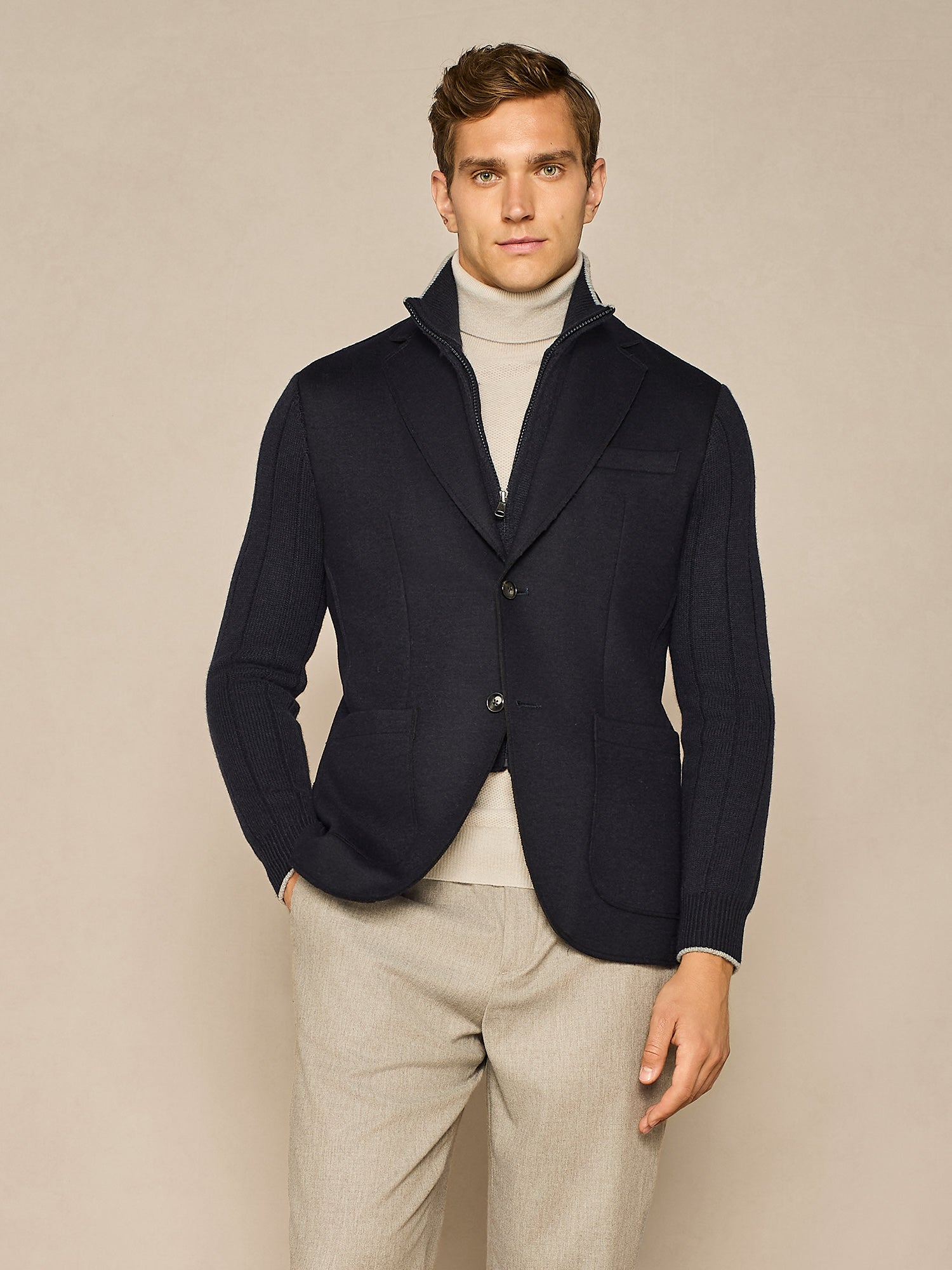 GIACCA IN JERSEY CON PETTORINA E MANICHE IN MAGLIA BLU