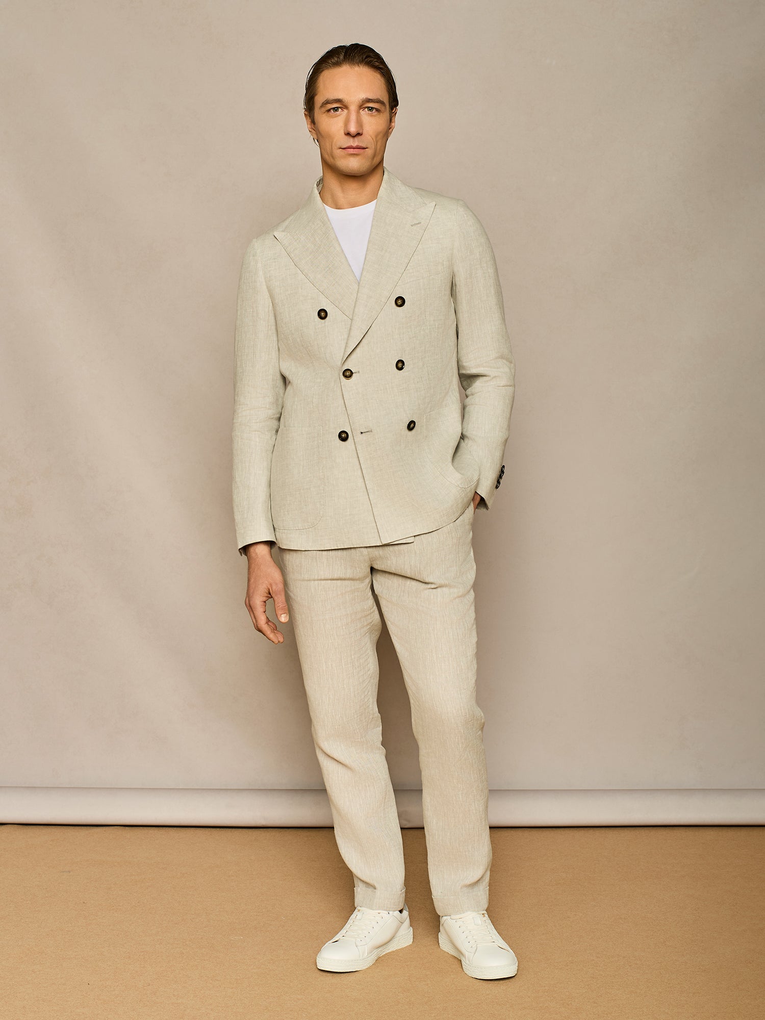 LIGHT GREY PURE LINEN DOUBLE BREASTED JACKET