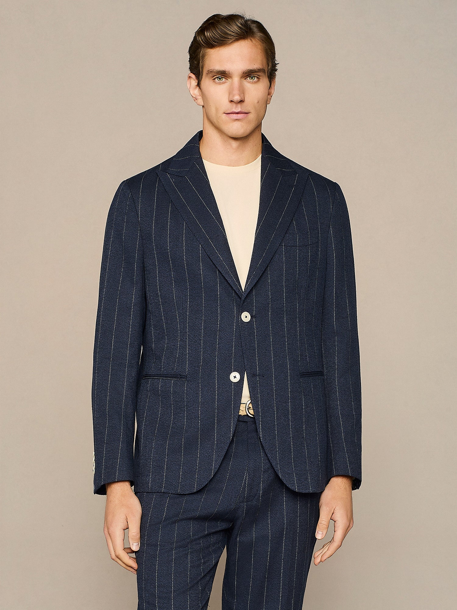 NAVY LINEN BLEND PINSTRIPED JACKET