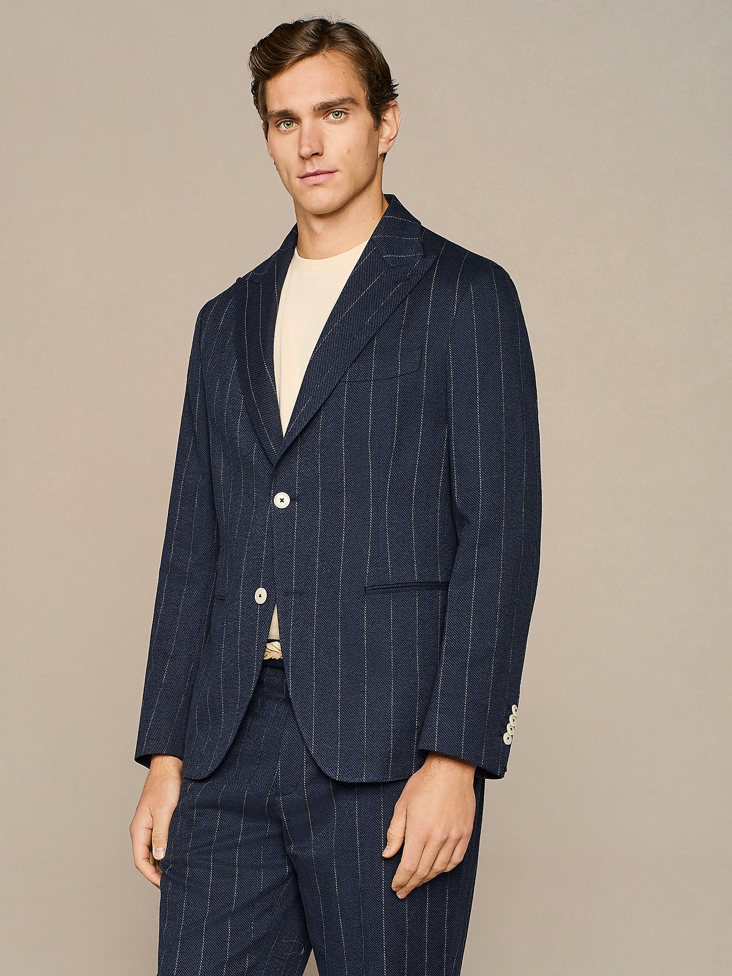 NAVY LINEN BLEND PINSTRIPED JACKET
