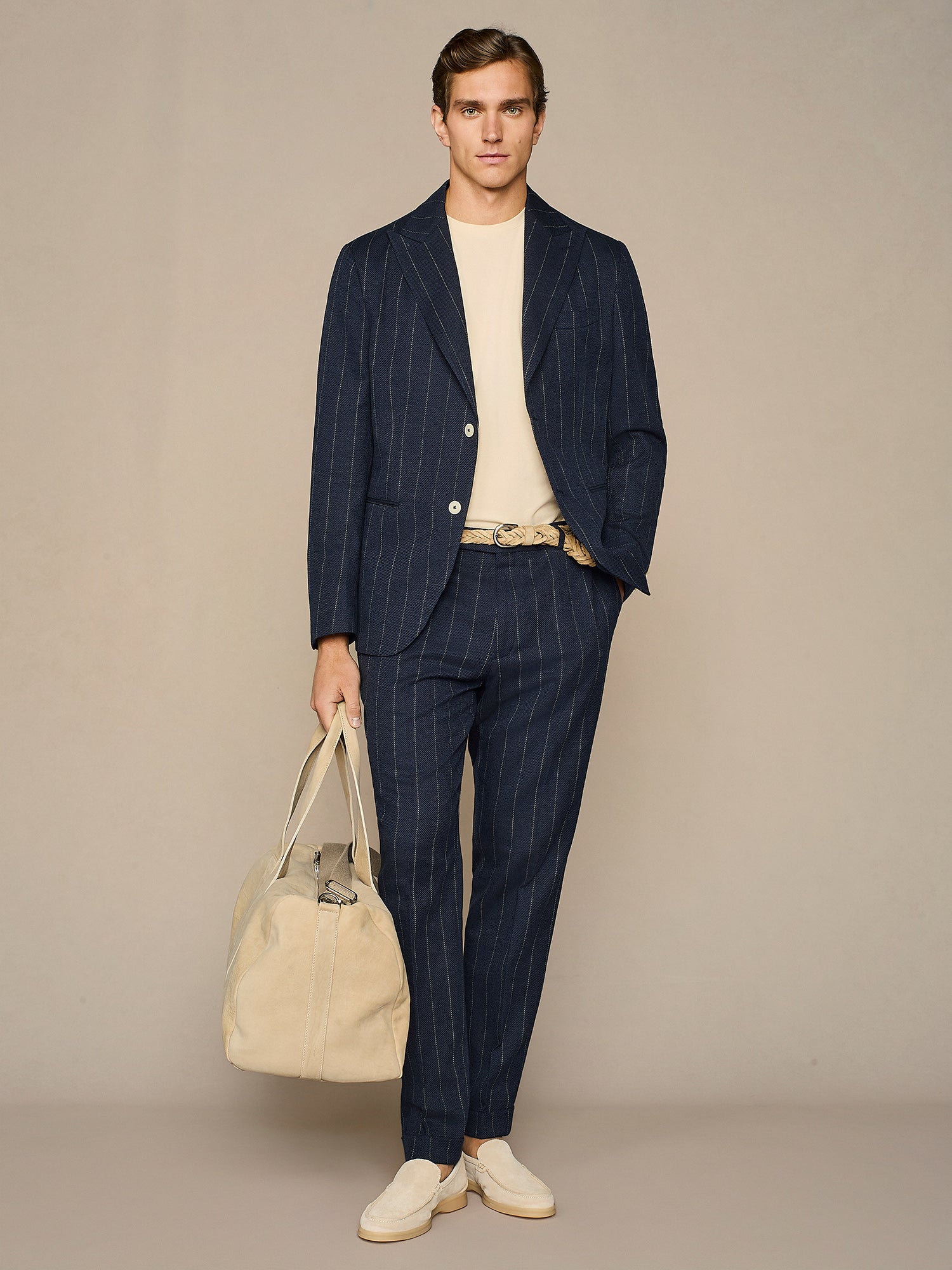 NAVY LINEN BLEND PINSTRIPED JACKET