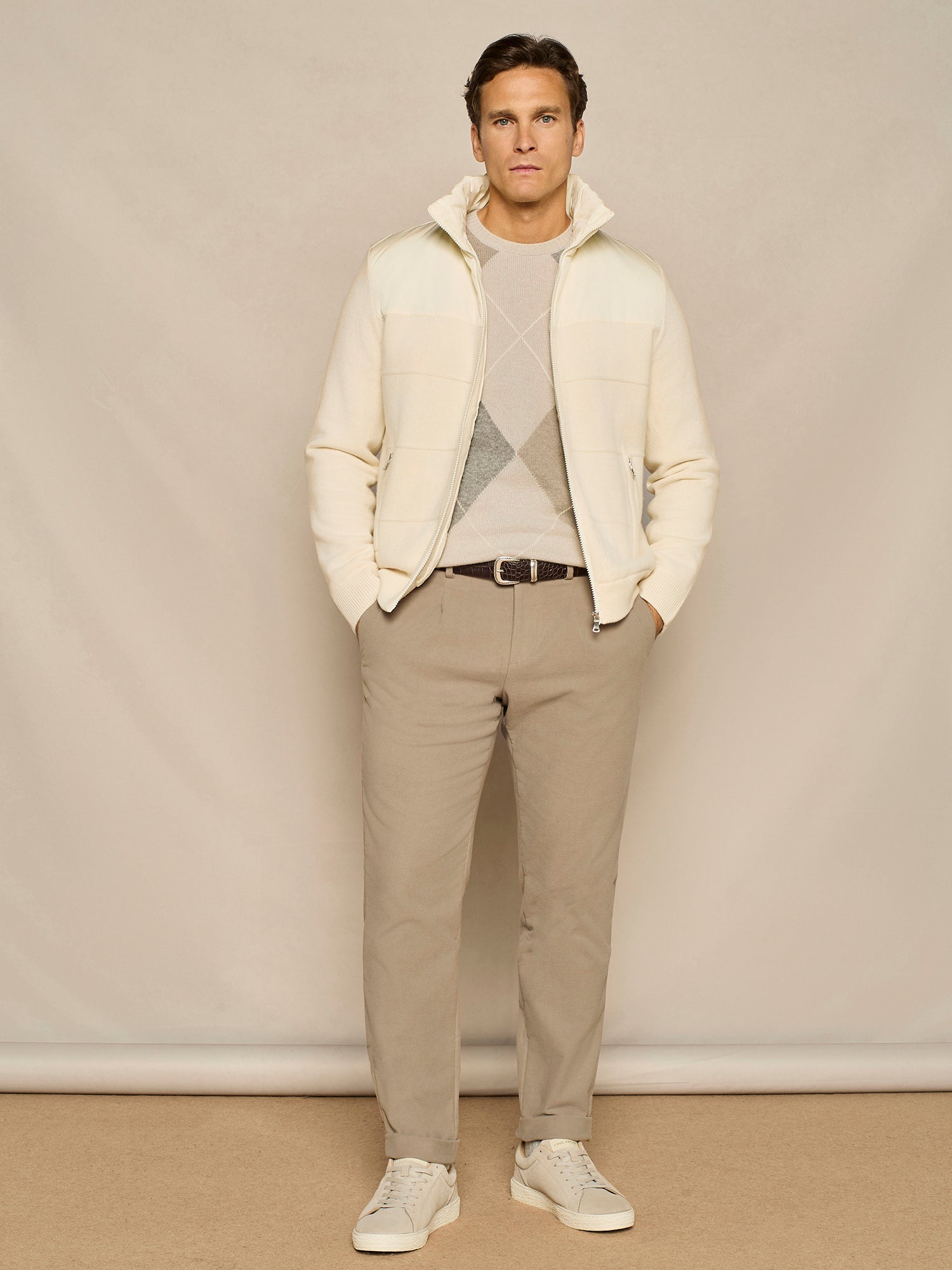 OFF WHITE PADDED JACKET NYLON AND PURE WOOL KNITTED