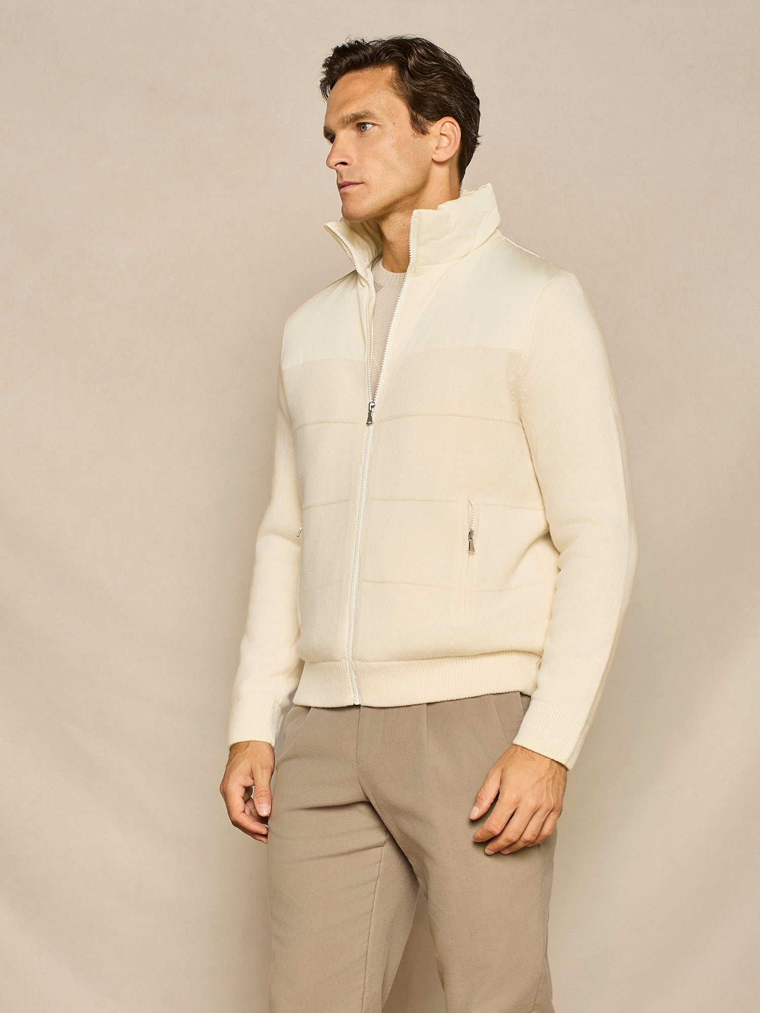 OFF WHITE PADDED JACKET NYLON AND PURE WOOL KNITTED