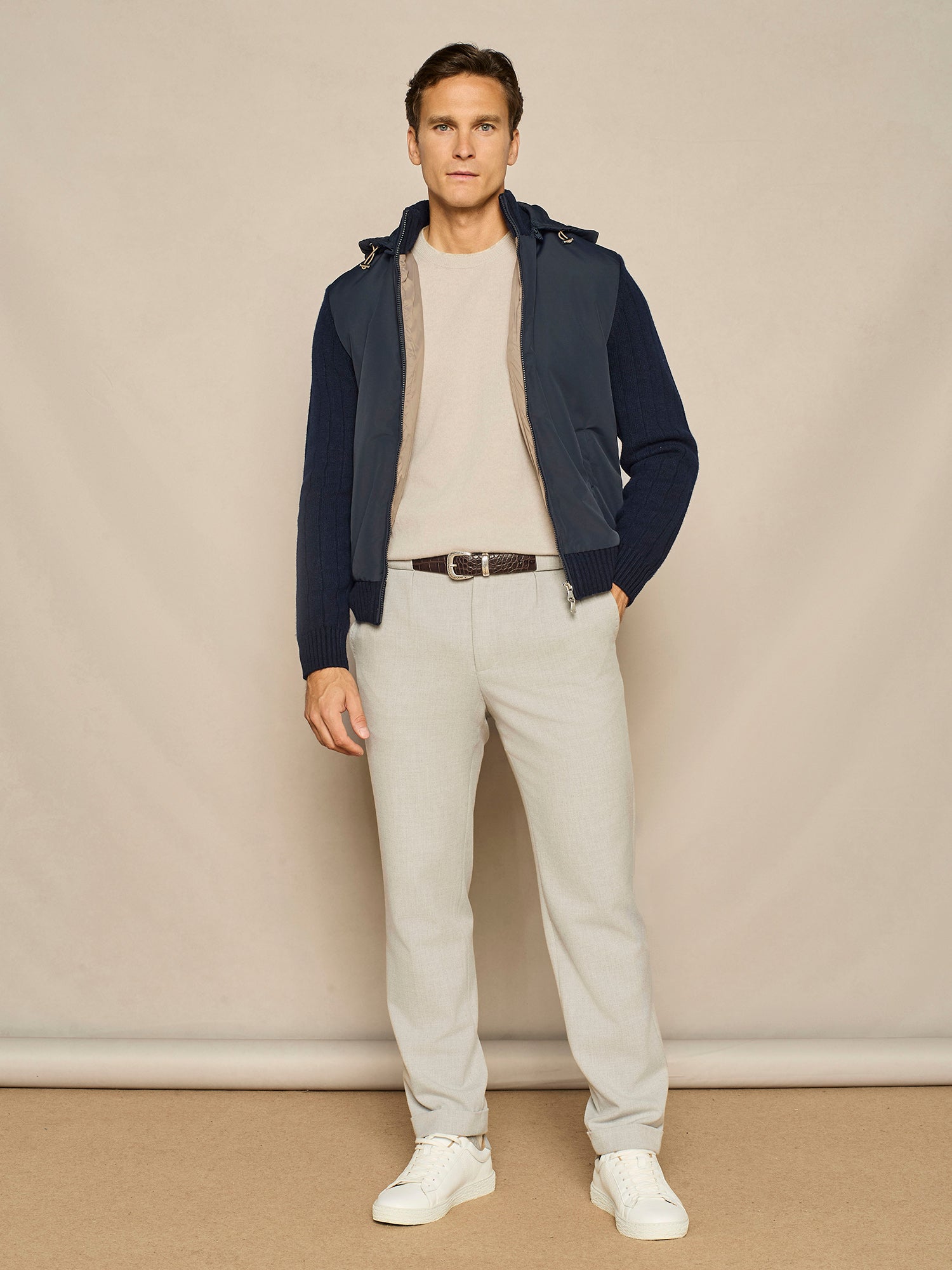 BLUE NYLON AND KNIT PADDED OVERJACKET