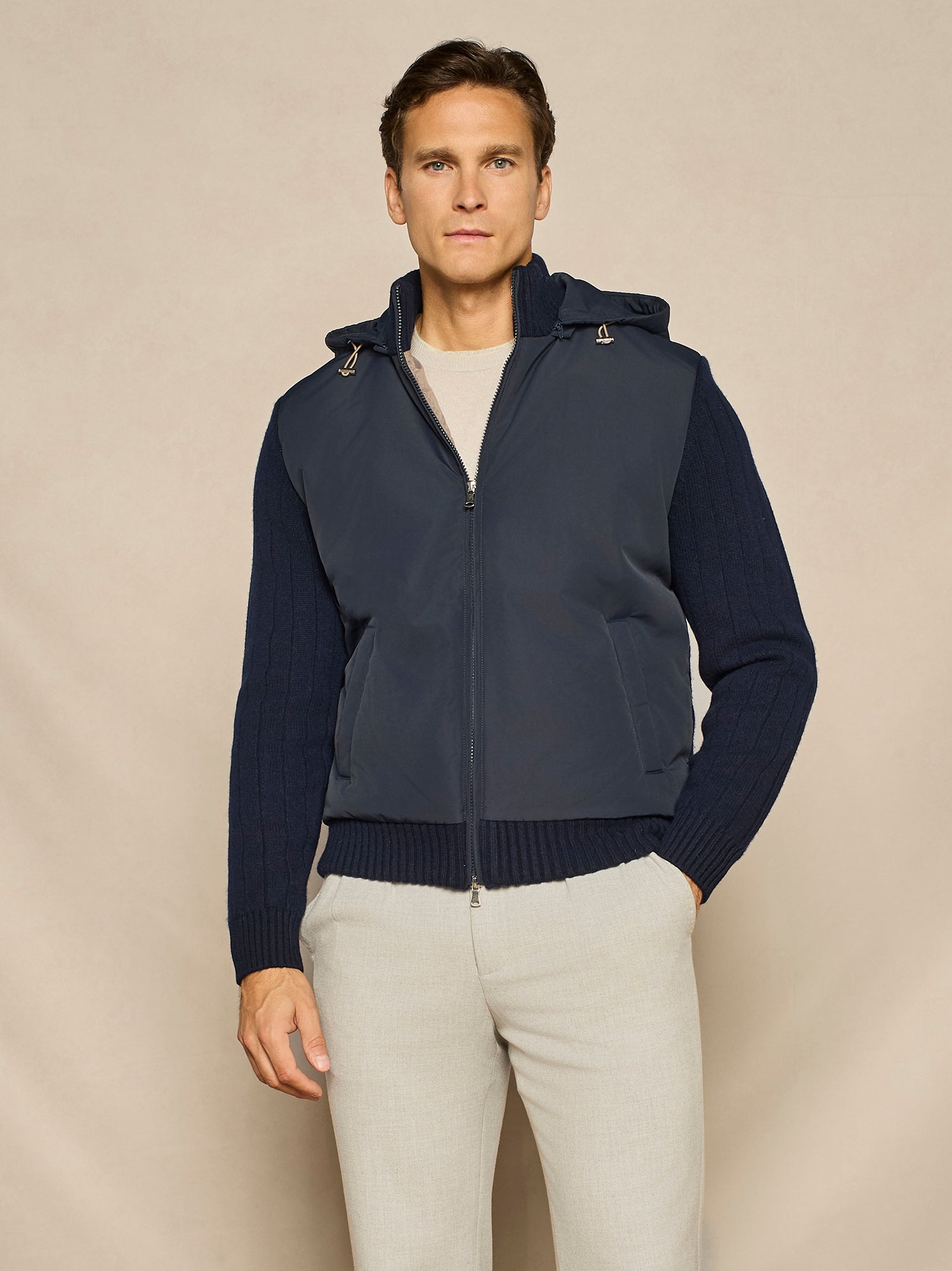 BLUE NYLON AND KNIT PADDED OVERJACKET