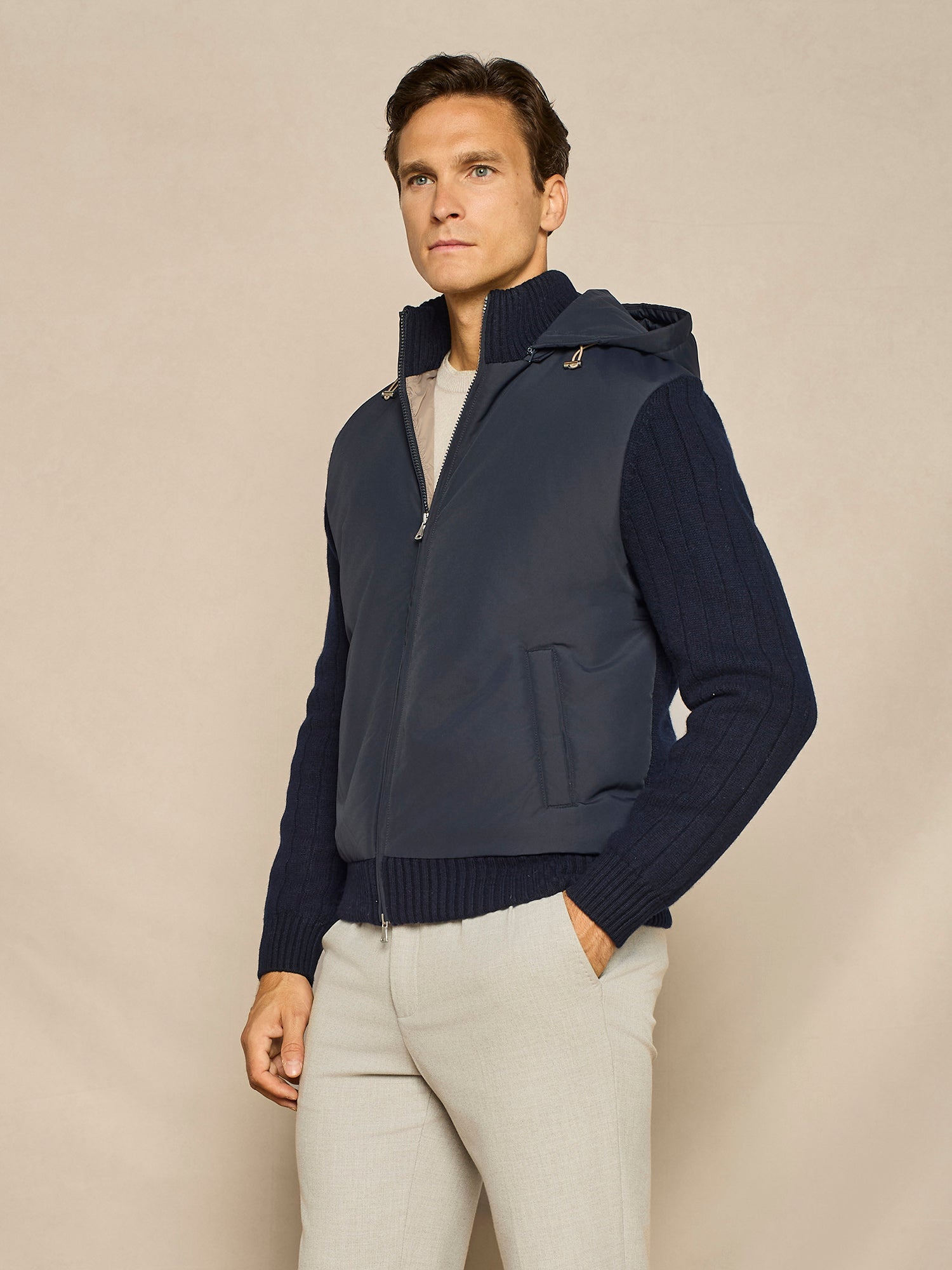BLUE NYLON AND KNIT PADDED OVERJACKET