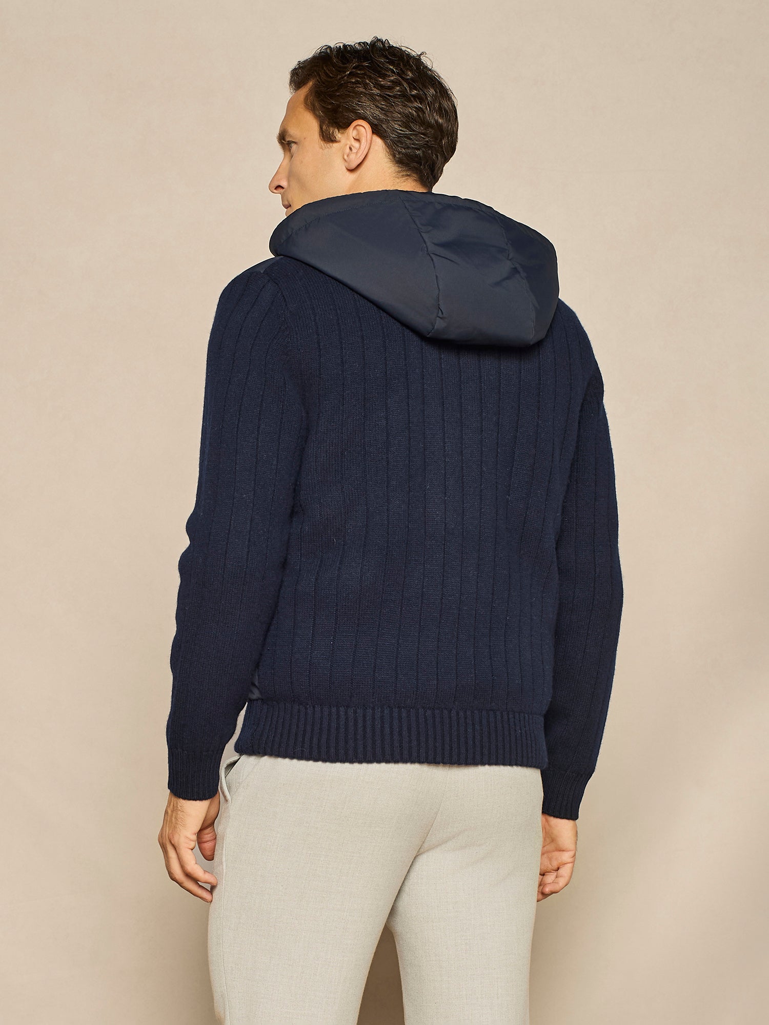 BLUE NYLON AND KNIT PADDED OVERJACKET