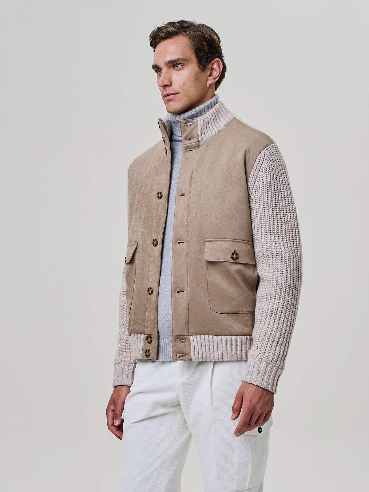 Bomber in eco suede e maglia taupe