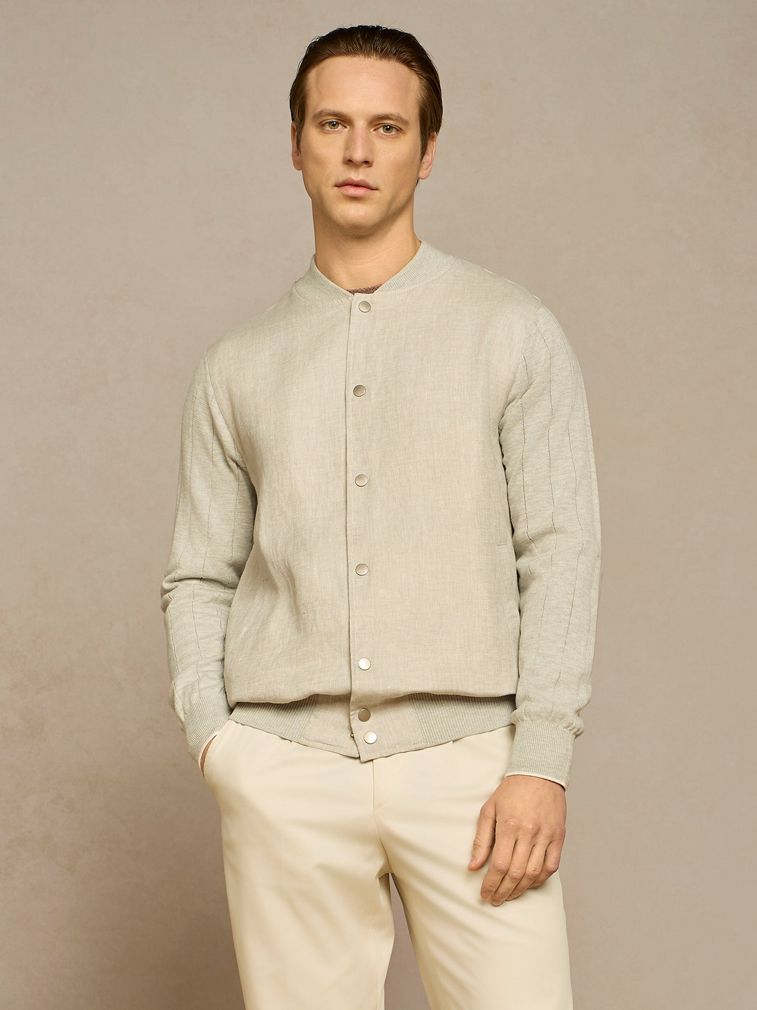 LIGHT GREY LINEN COLLEGE BOMBER