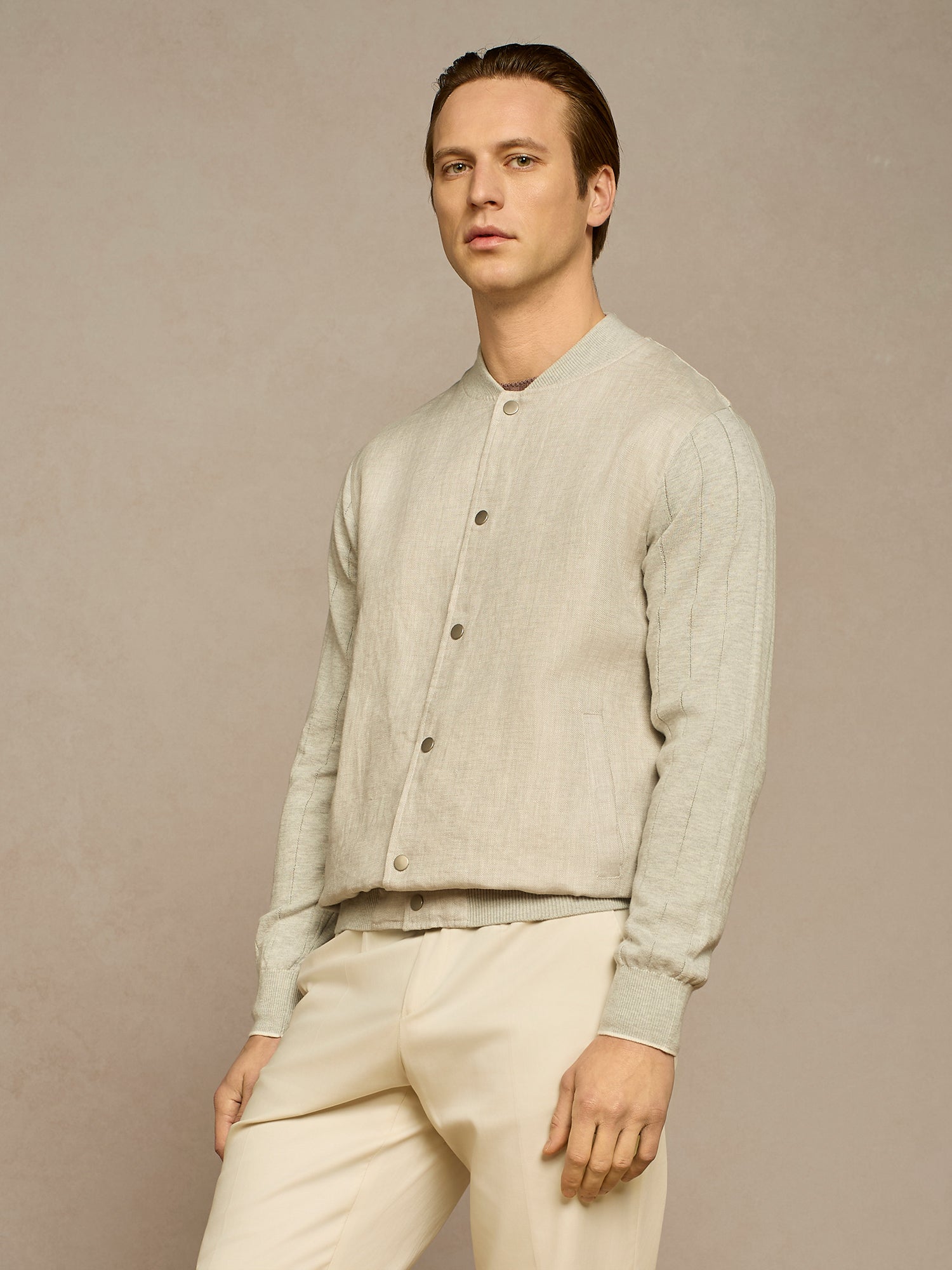 LIGHT GREY LINEN COLLEGE BOMBER