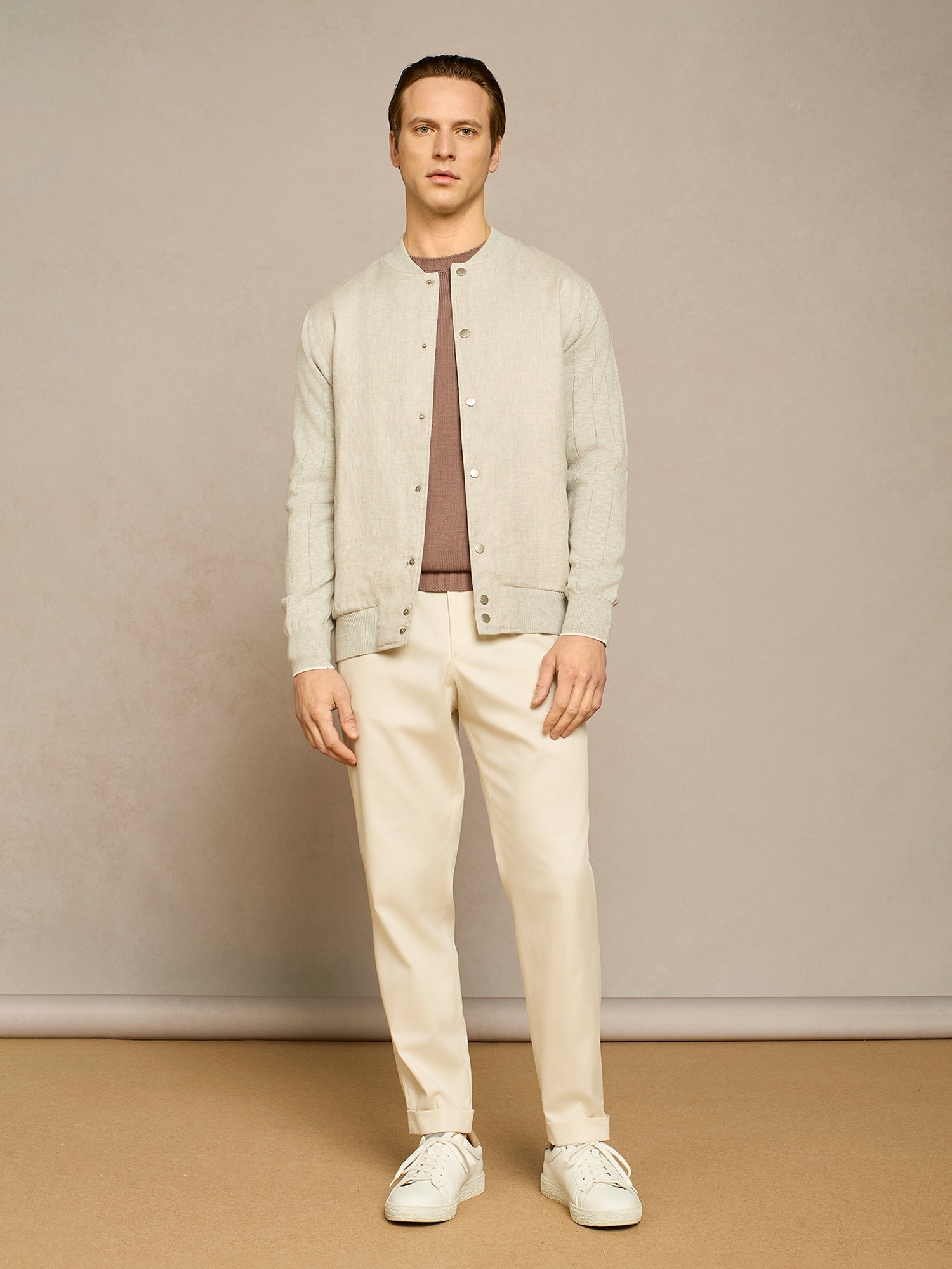 LIGHT GREY LINEN COLLEGE BOMBER