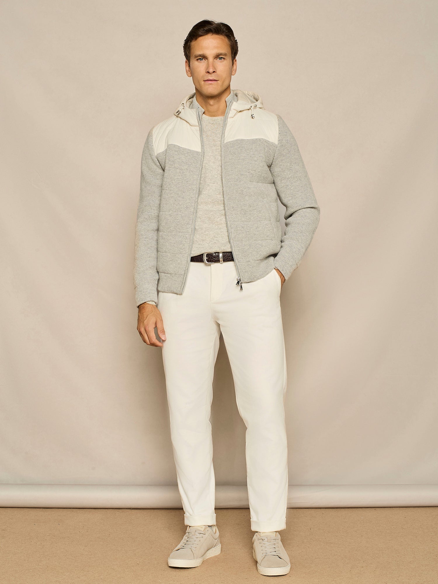 LIGHT GREY KNIT AND NYLON PADDED OVERJACKET