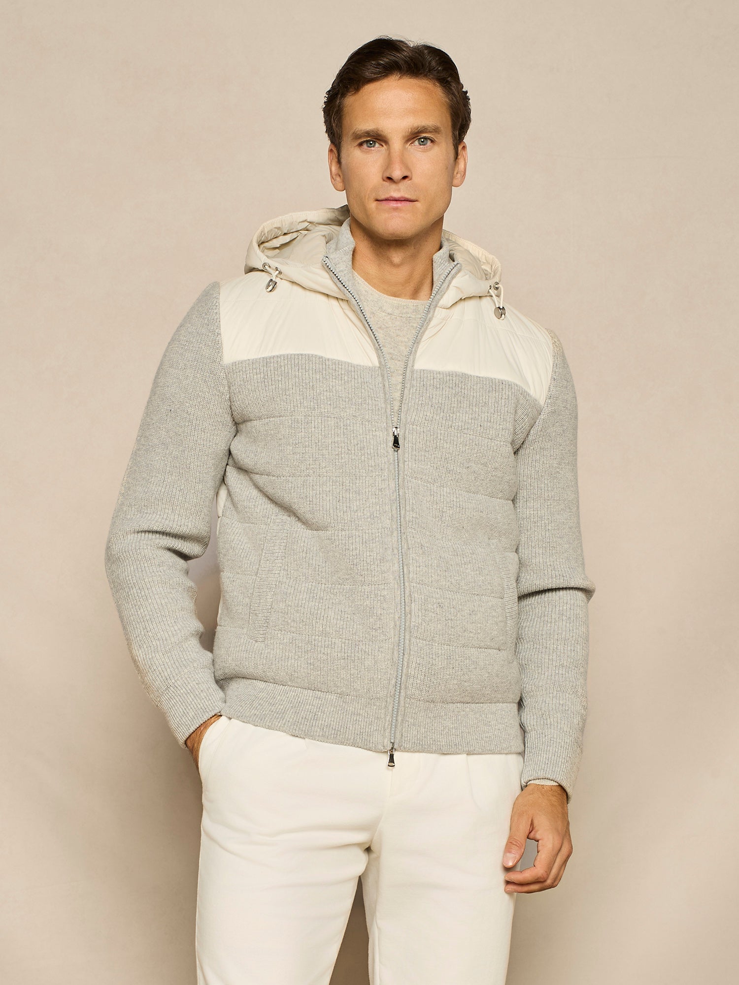 LIGHT GREY KNIT AND NYLON PADDED OVERJACKET