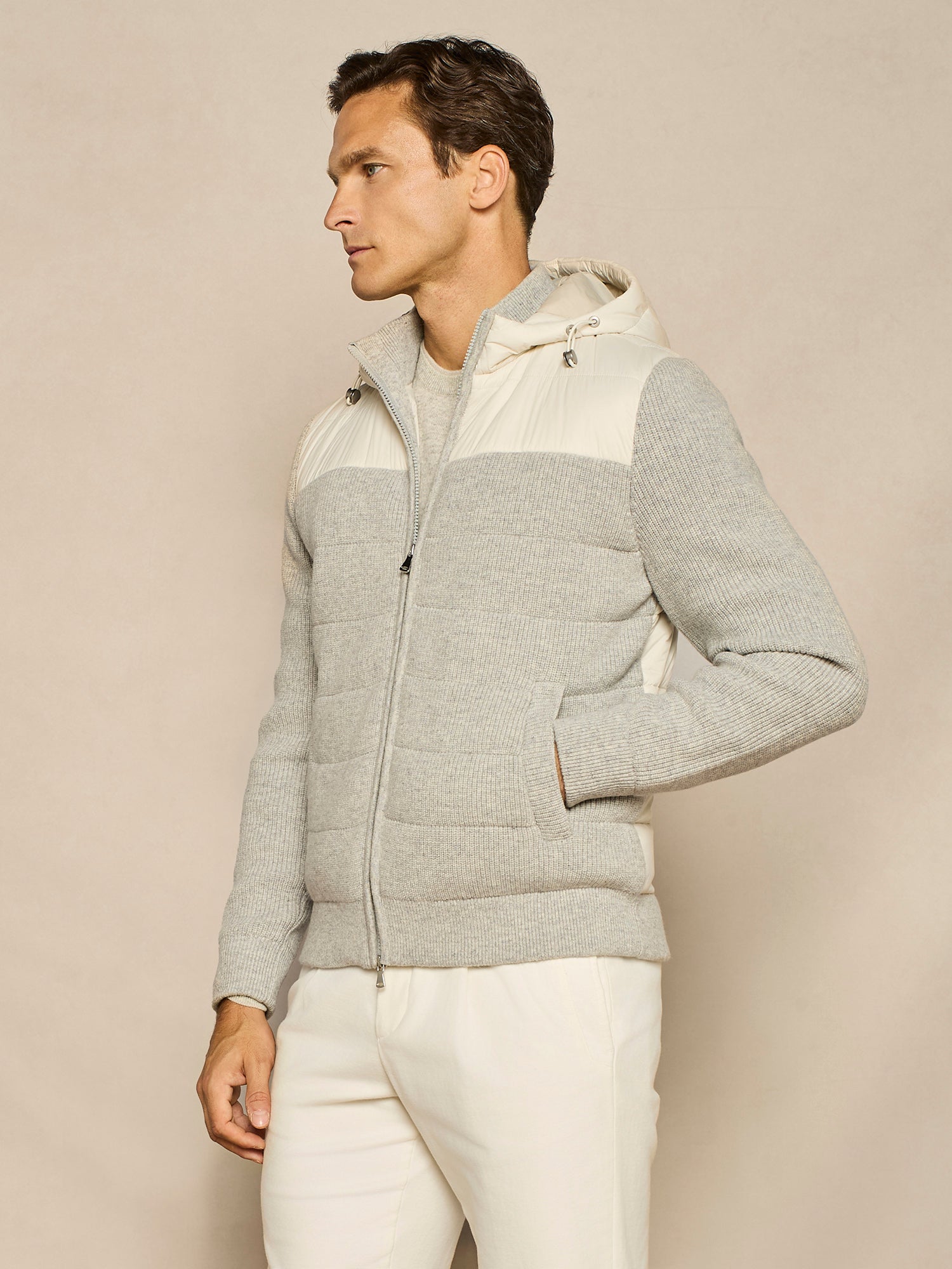 LIGHT GREY KNIT AND NYLON PADDED OVERJACKET