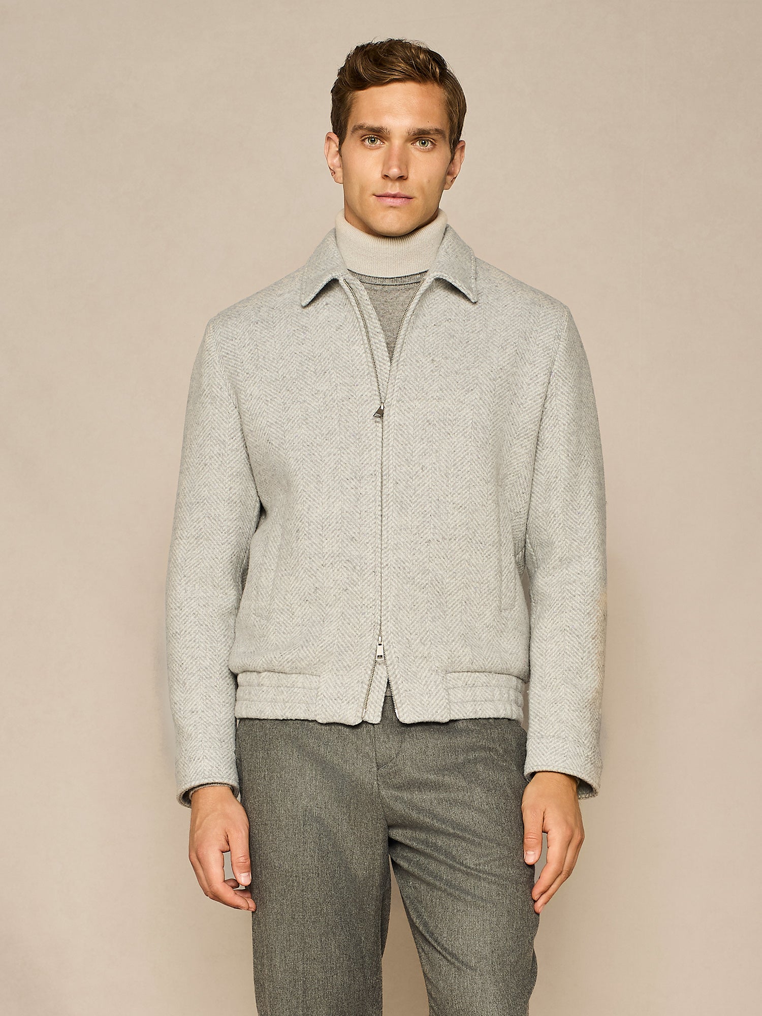 LIGHT GREY HERRINGBONE BOMBER 