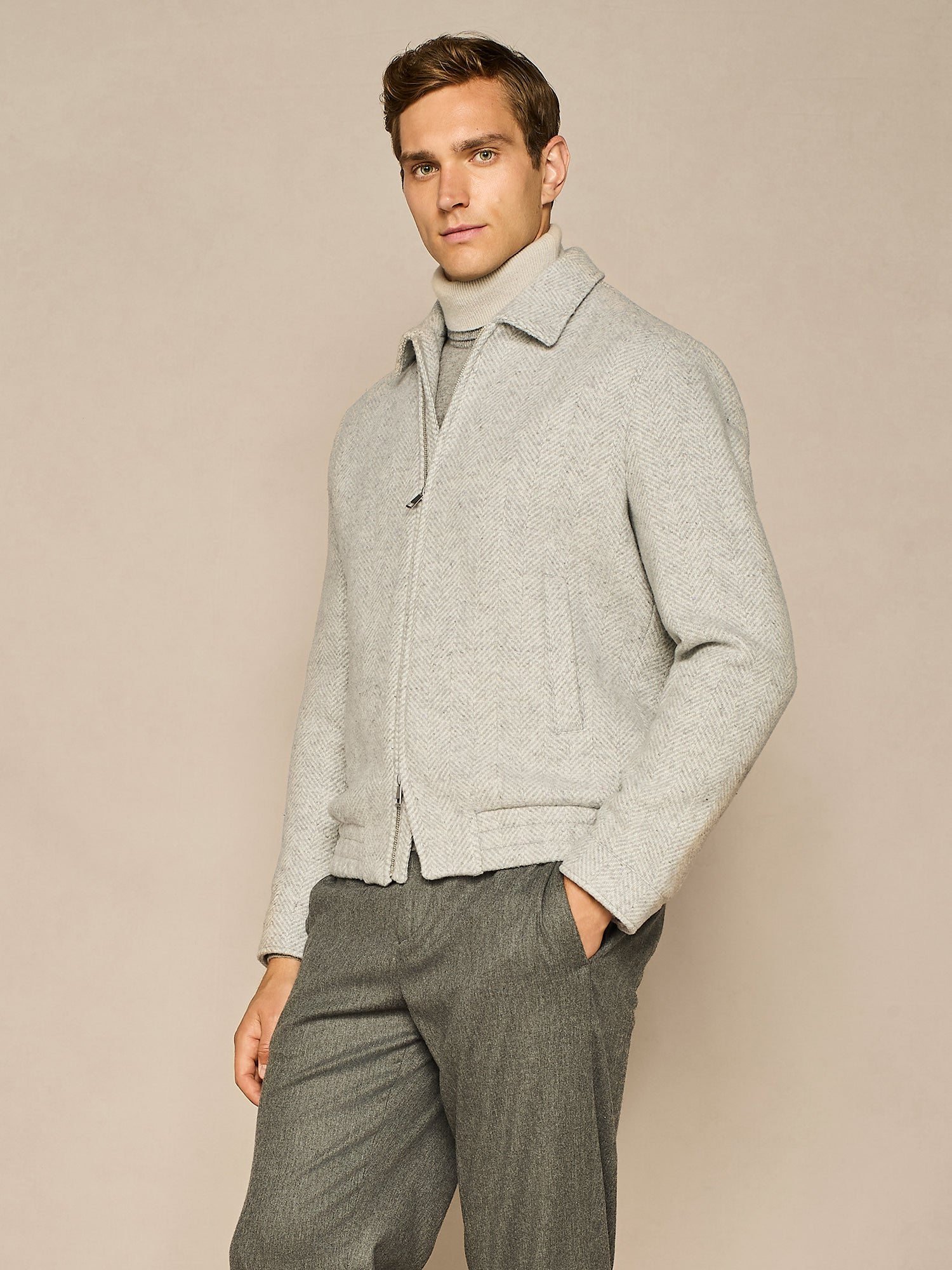 LIGHT GREY HERRINGBONE BOMBER 