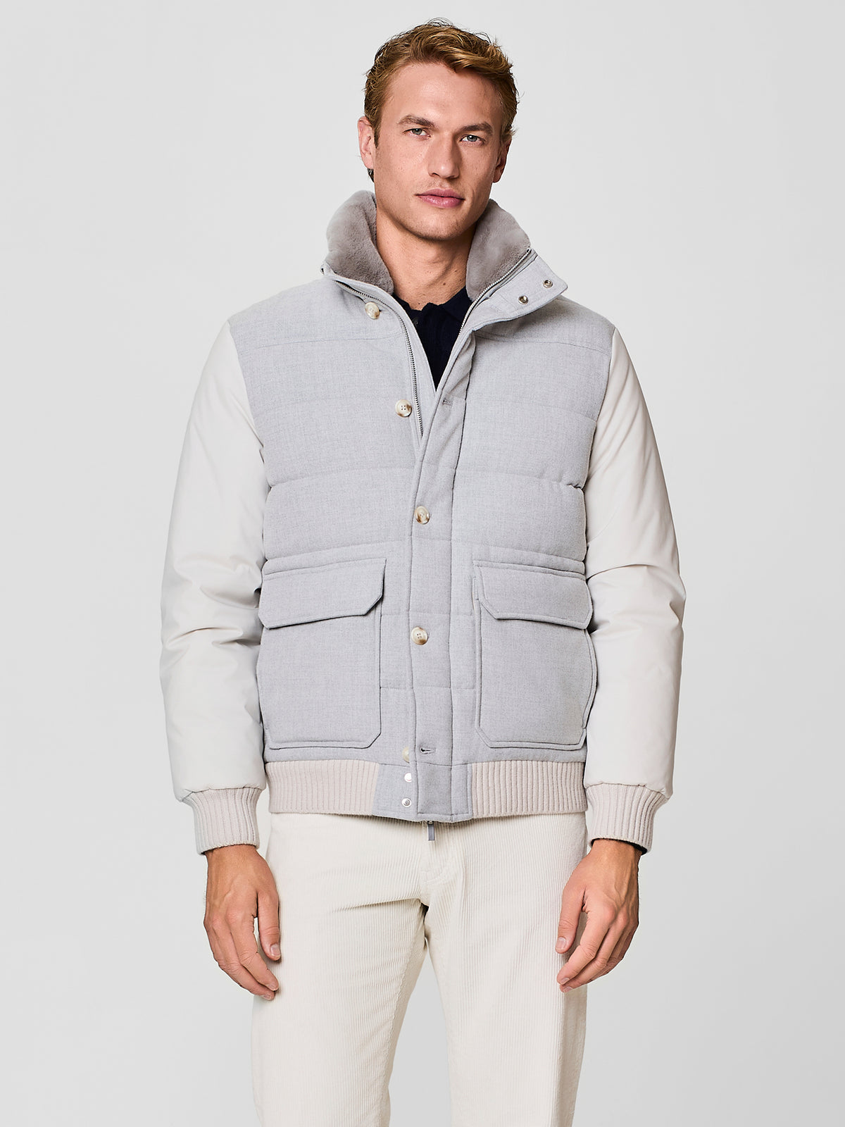 Piumino in flanella e nylon grigio chiaro