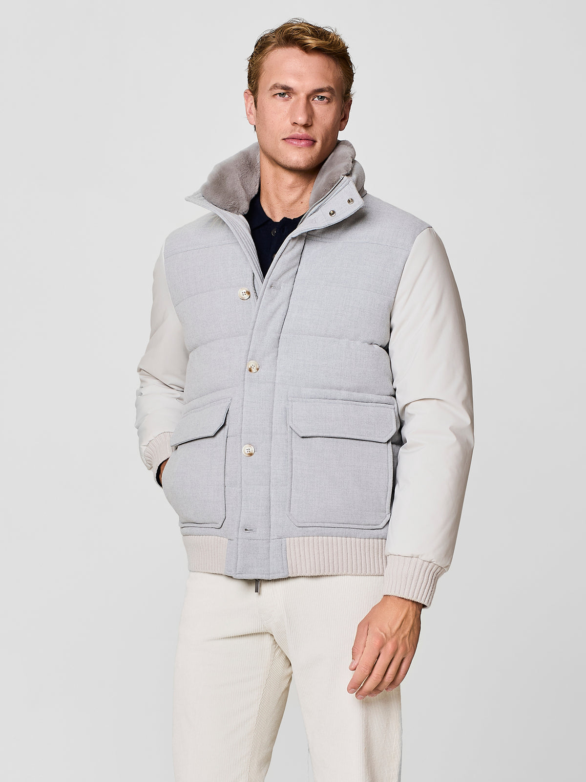 Piumino in flanella e nylon grigio chiaro